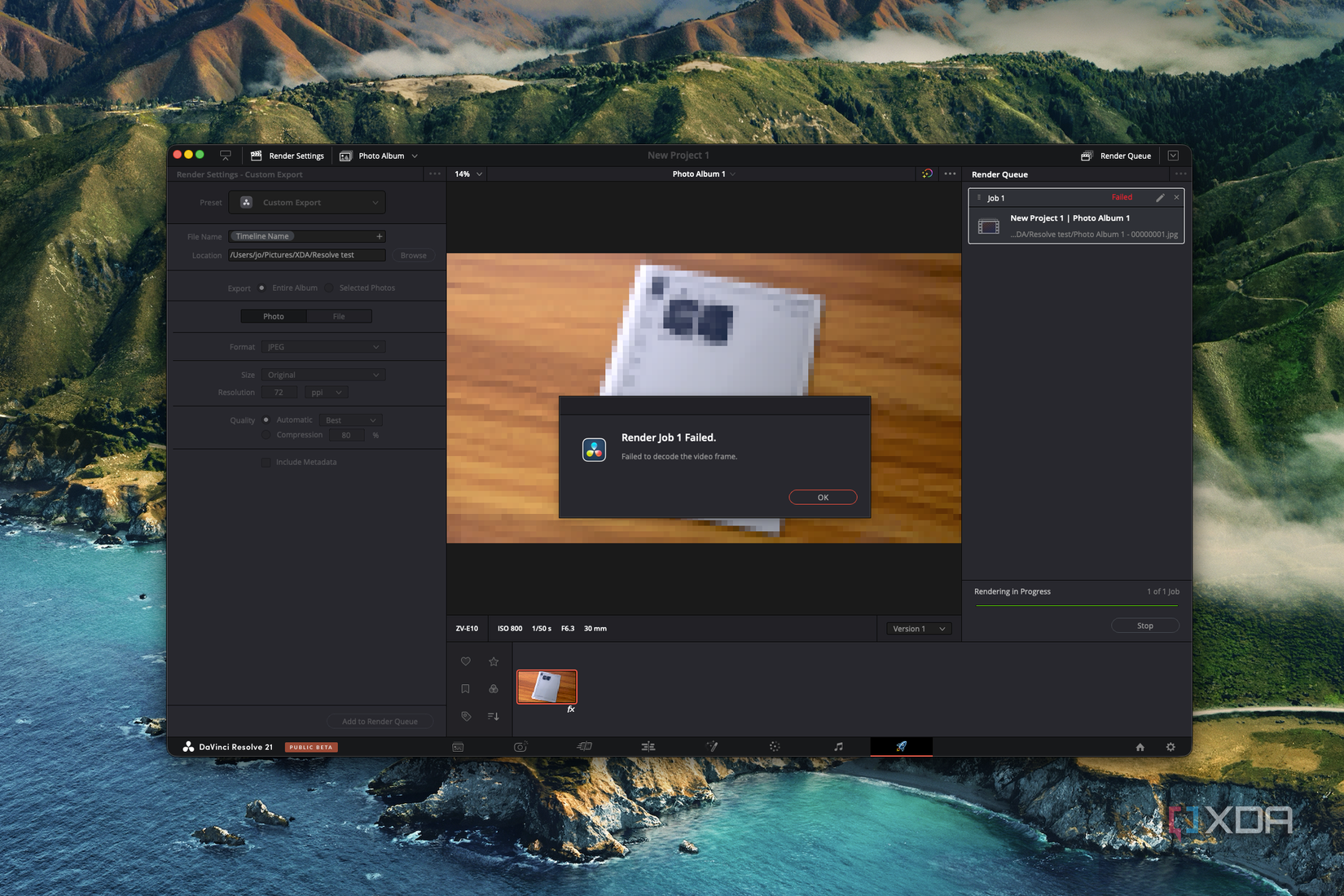 Screenshot di DaVinci Resolve dopo aver tentato di esportare una foto modificata.