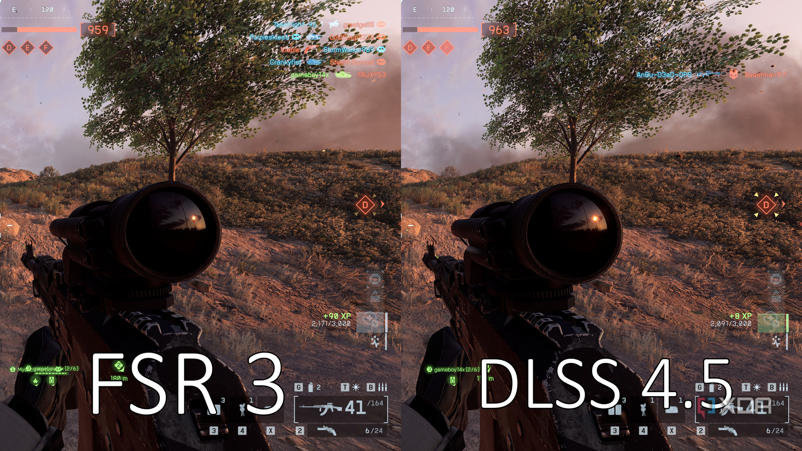 Screenshot comparing FSR 4 and DLSS 4.5 in Battlefield 6