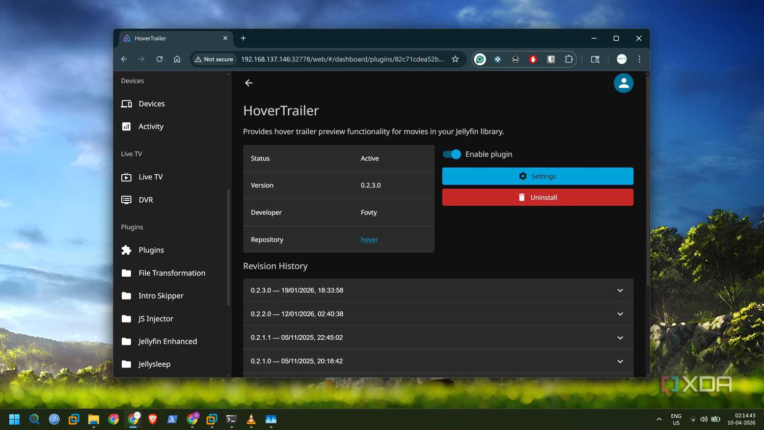 screenshot of enable hovertrailer plugin