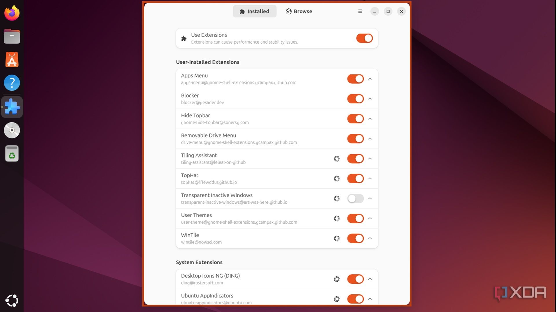 screenshot of extension manager gnome