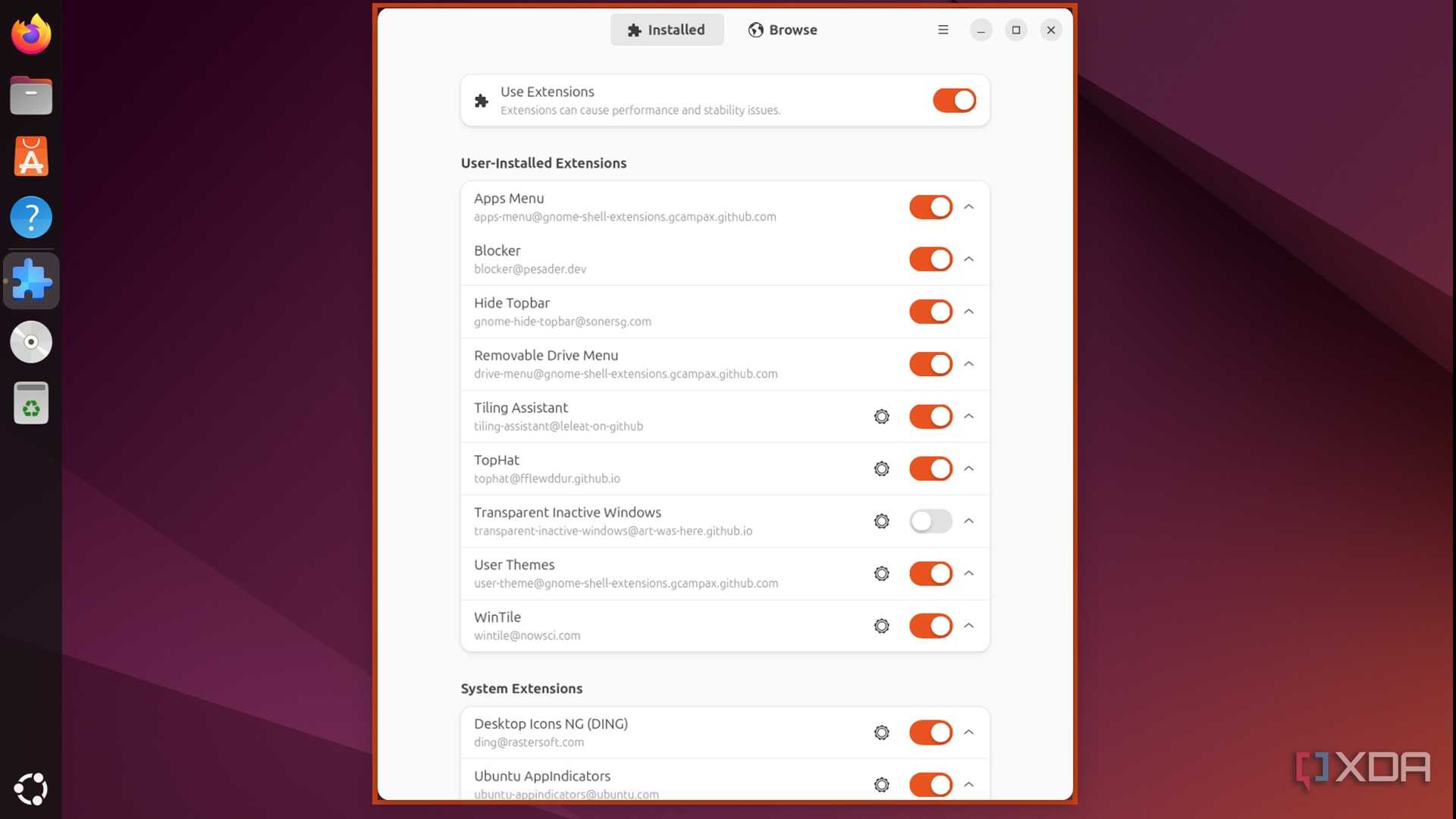screenshot of extension manager gnome