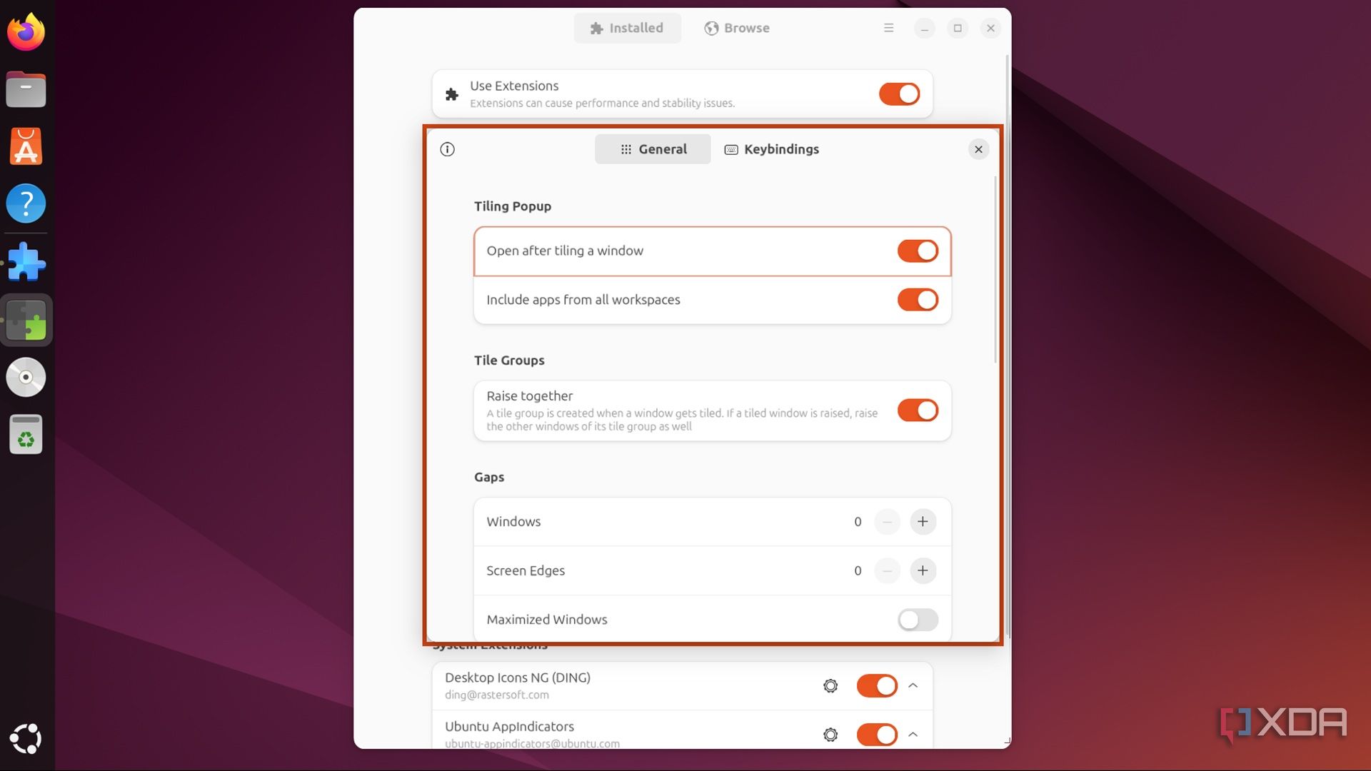 screenshot of extension settings gnome