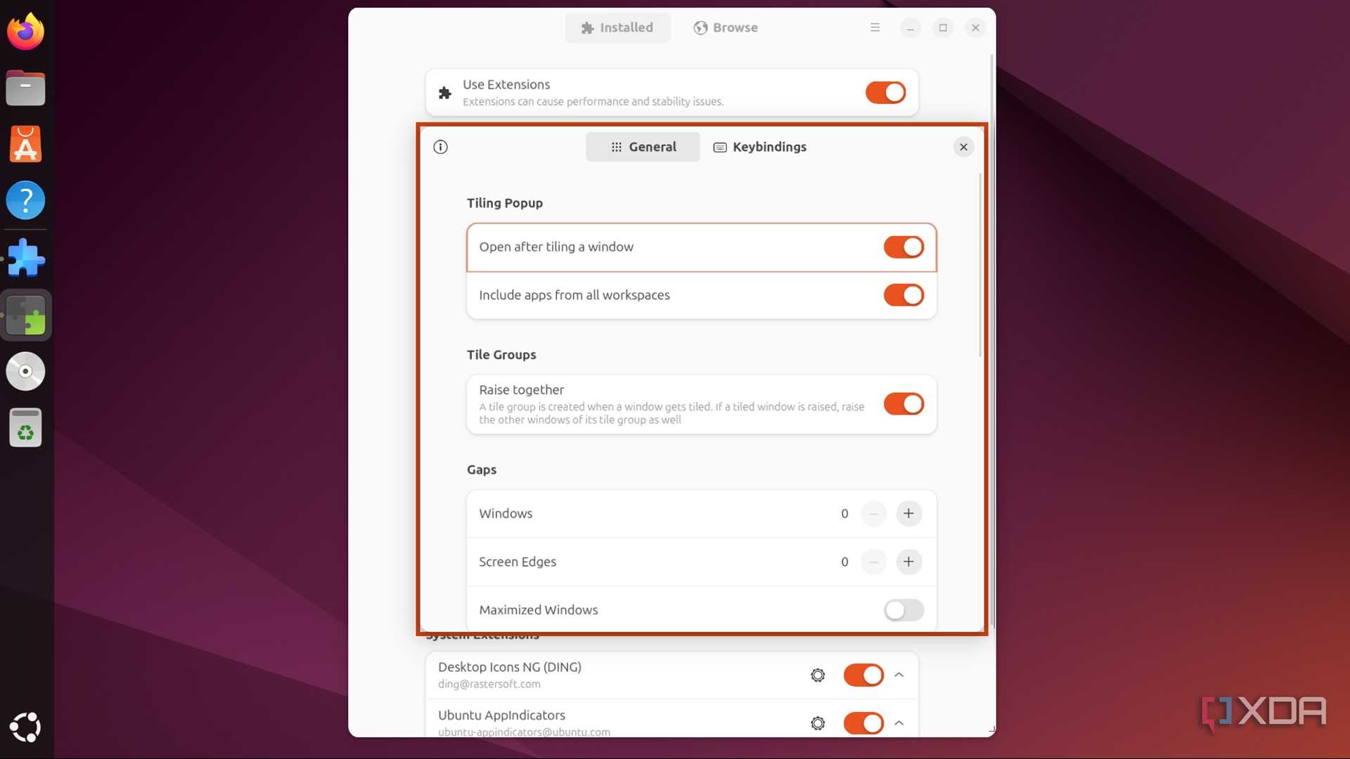 screenshot of extension settings gnome