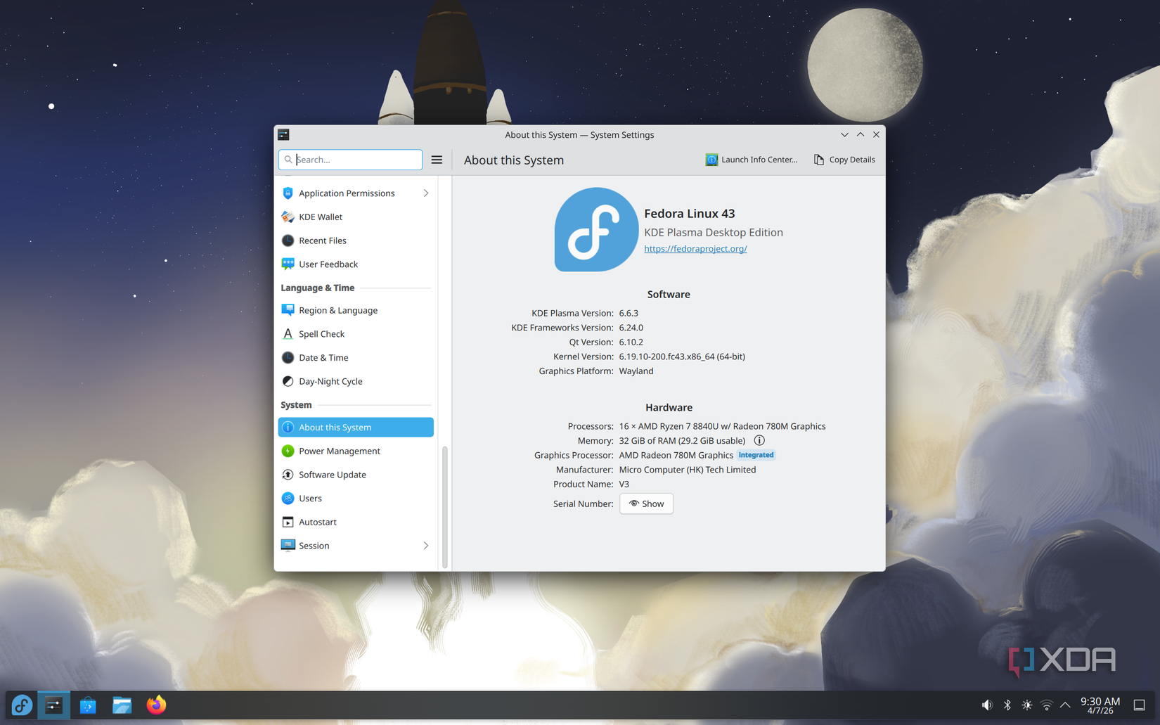 A screenshot of System Settings in Fedora KDE showing the current kernel version as 6.19.10