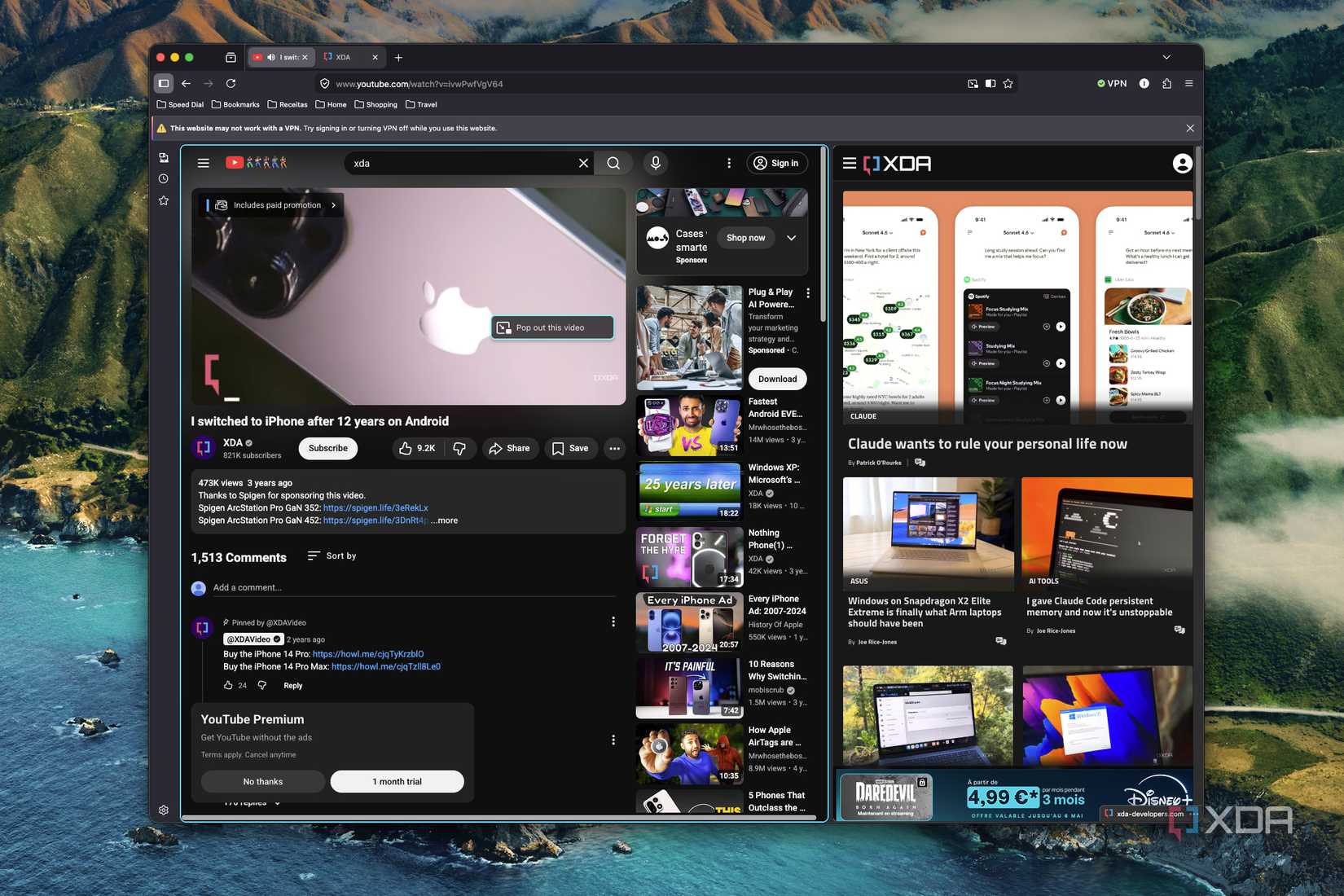 ภาพหน้าจอของ Mozilla Firefox ที่แสดงหน้าแรกของ XDA และวิดีโอ YouTube ในมุมมองแบบแยก