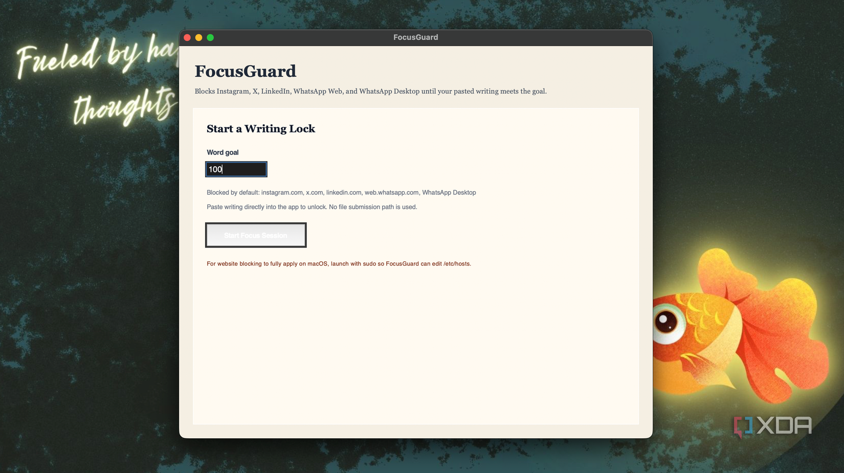 focusguard application window showing writing lock feature with word goal input field on mac desktop