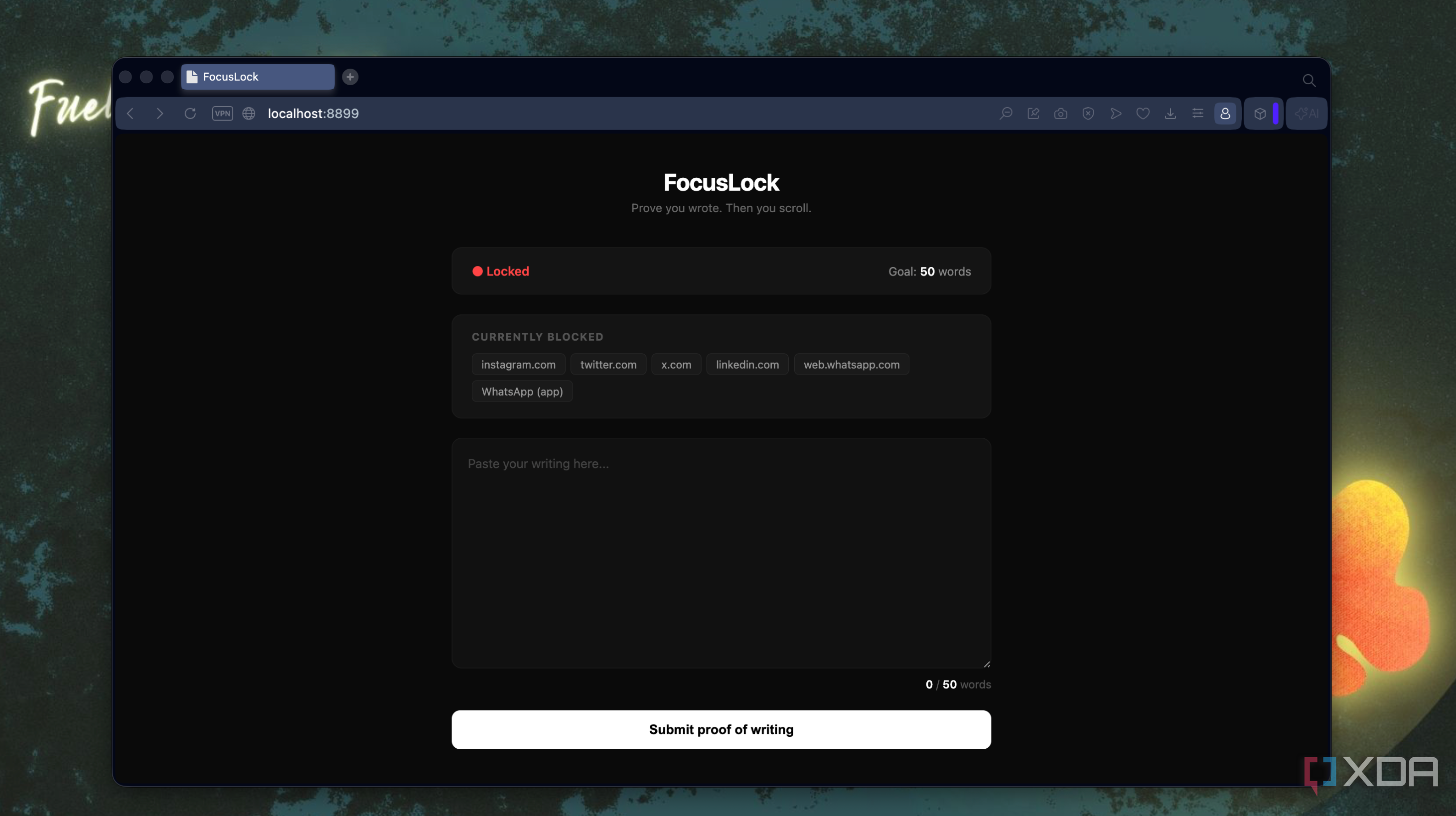 focuslock website blocking interface showing locked status with currently blocked websites listed and a submit proof of writing button