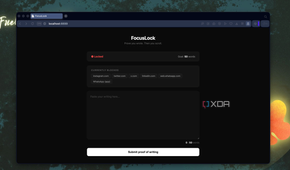 focuslock website blocking interface showing locked status with currently blocked websites listed and a submit proof of writing button