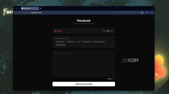 focuslock website blocking interface showing locked status with currently blocked websites listed and a submit proof of writing button