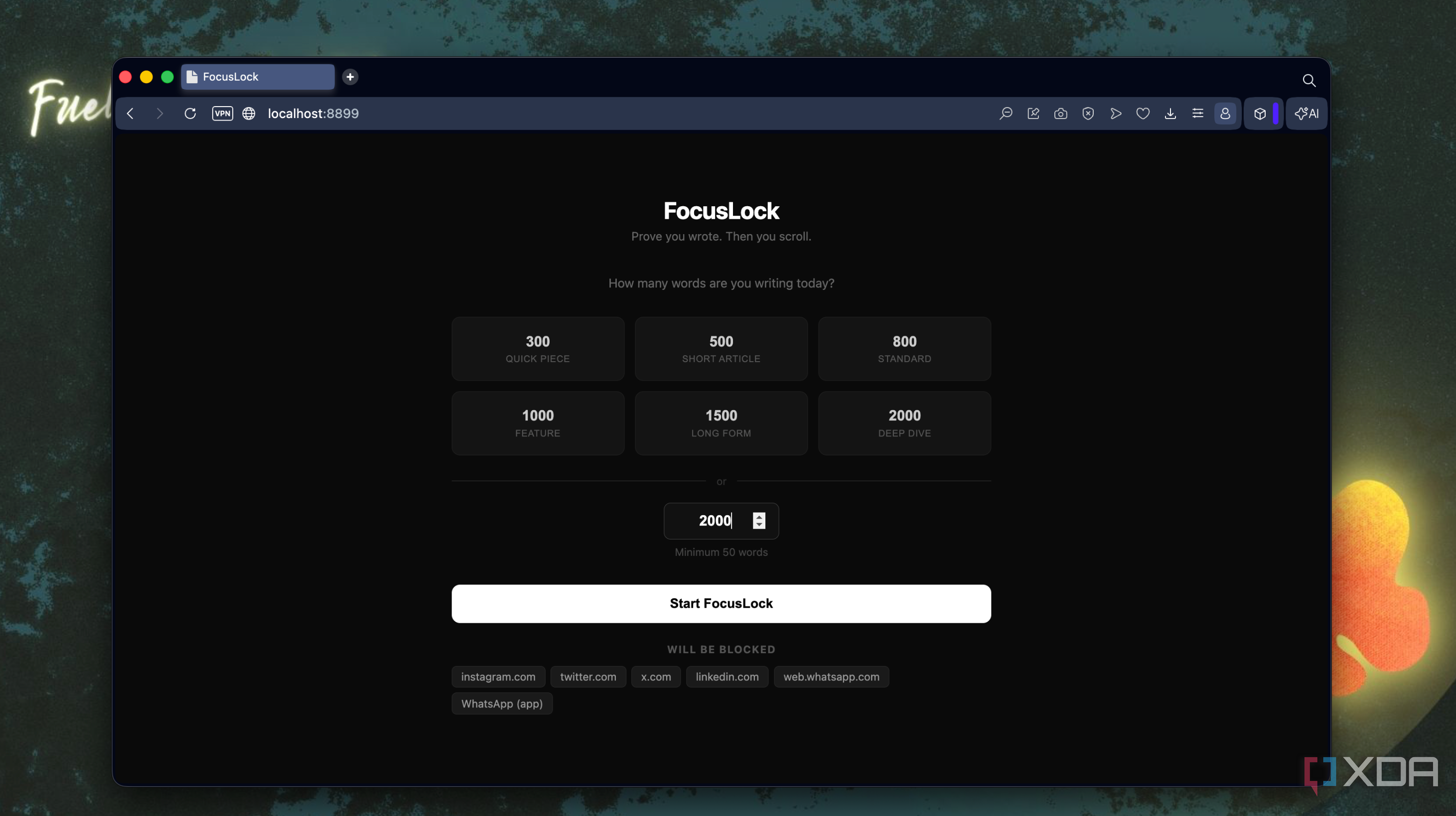 focuslock website interface showing word count options and start button on browser window