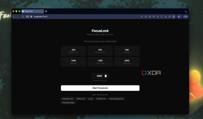 focuslock website interface showing word count options and start button on browser window