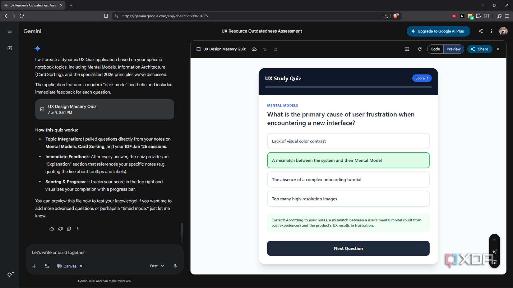 gemini generating quiz in canvas