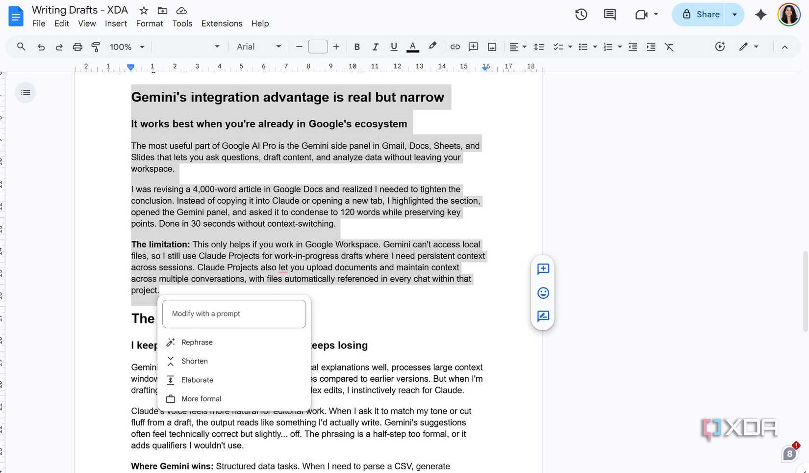 Gemini Example in Google Docs on Google AI Pro 