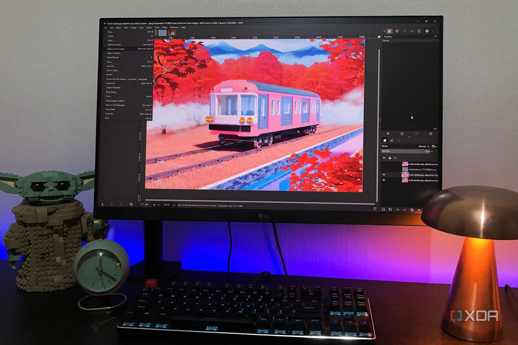 gimp 3.2 on desktop pc, lamp  and lego in view