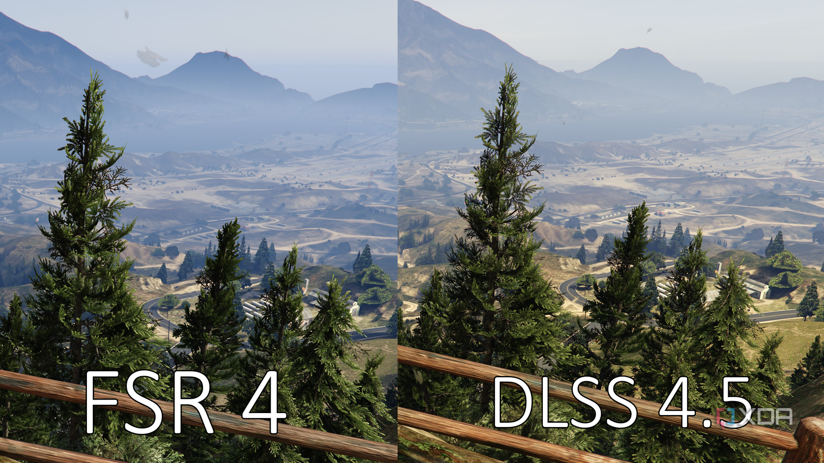 Screenshot comparing DLSS 4.5 vs FSR 4 in GTA V Enhanced Edition