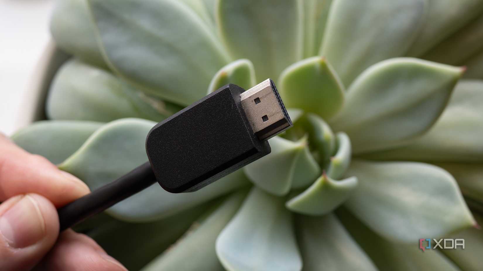 An HDMI cable held over a plant 
