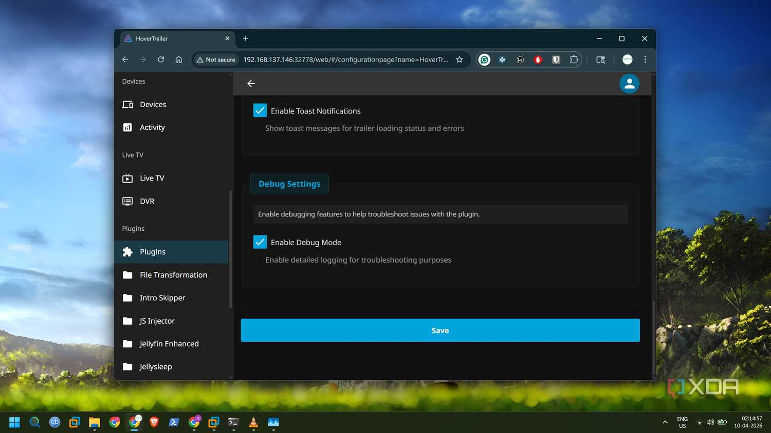 screenshot of hovertrailer debug settings