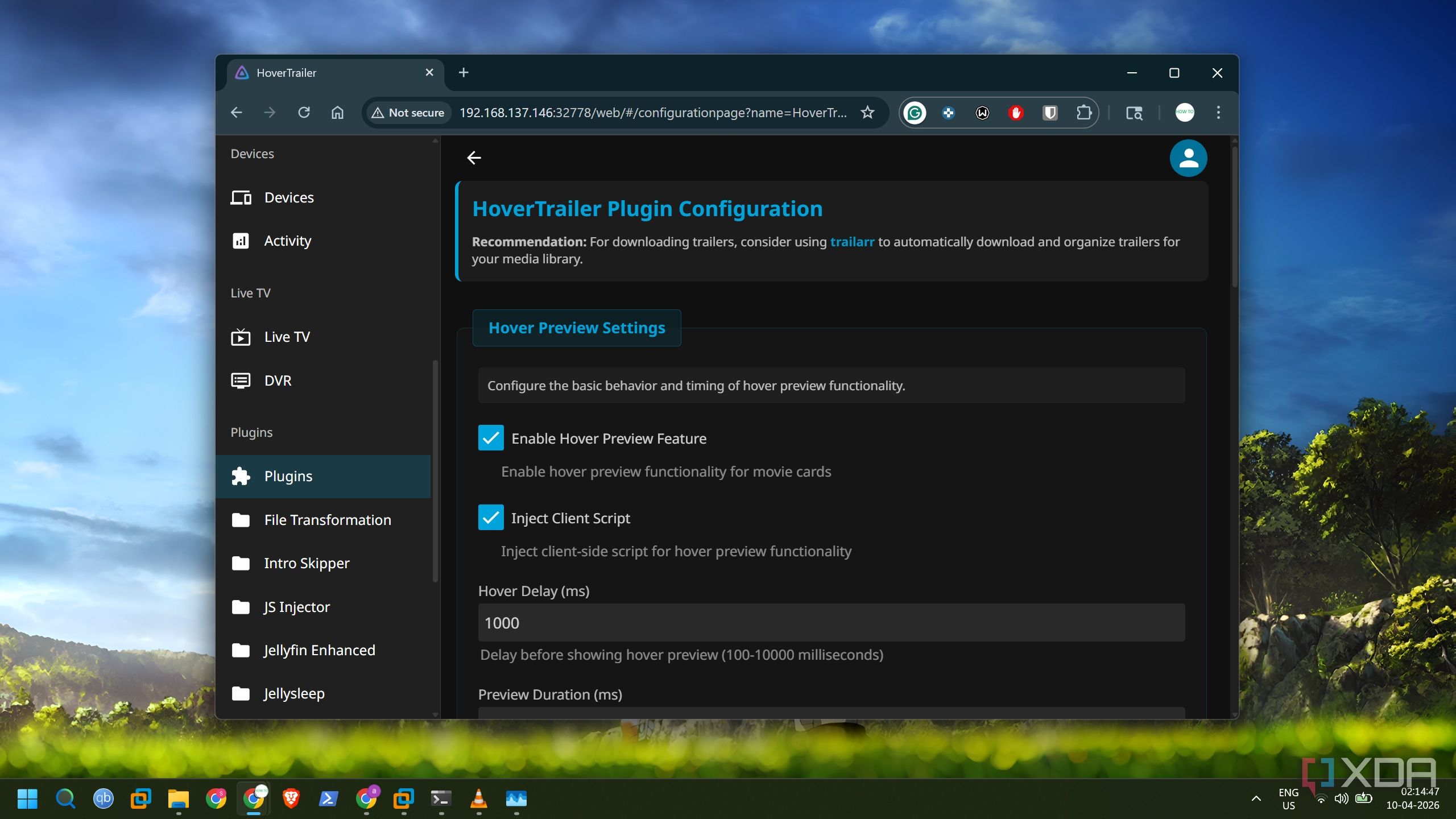 screenshot of hovertrailer preview settings