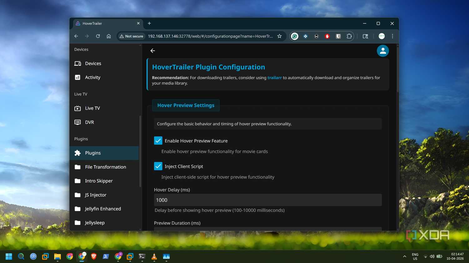 screenshot of hovertrailer preview settings