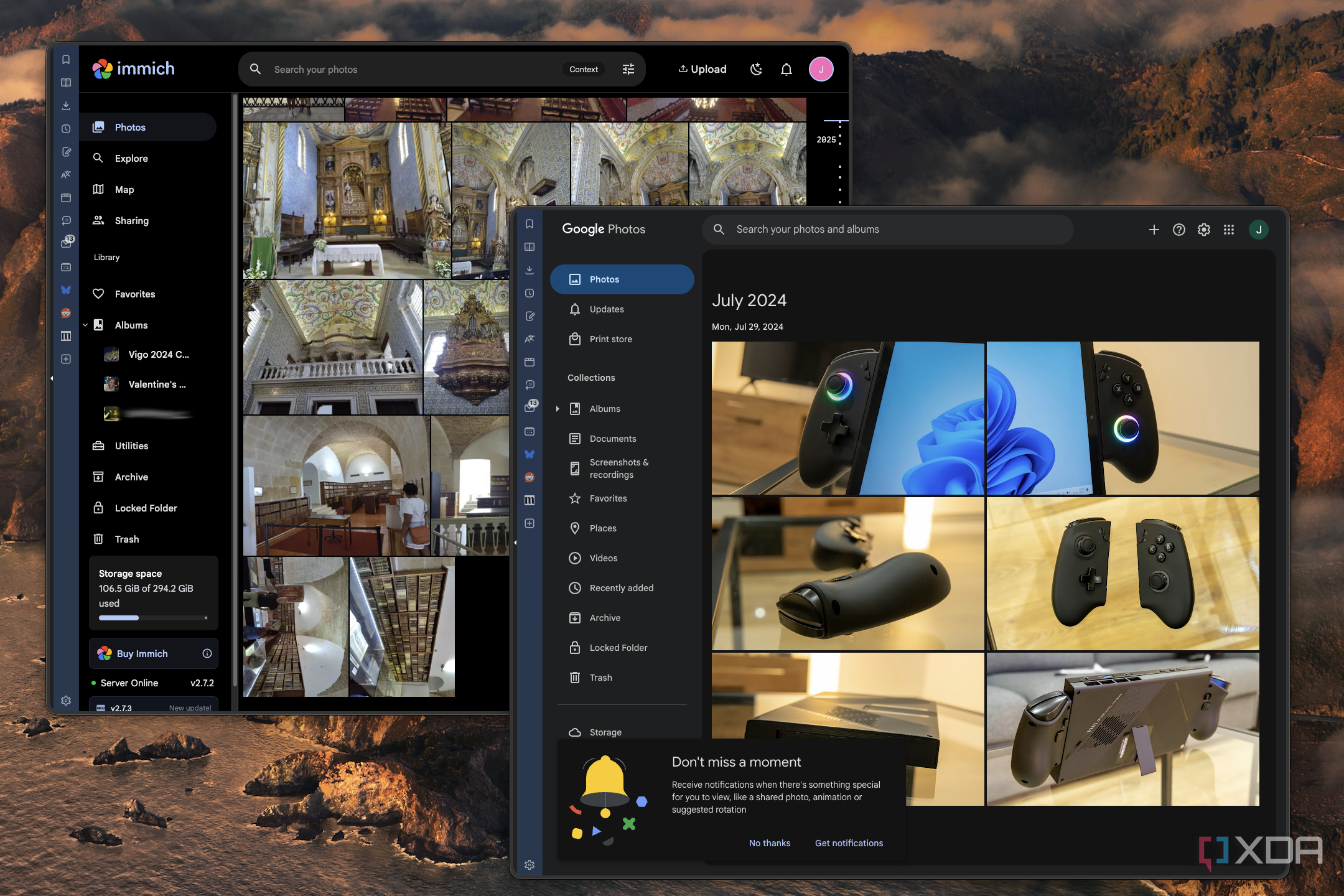 Screenshot of two web browser windows showing Immich and Google Photos side by side