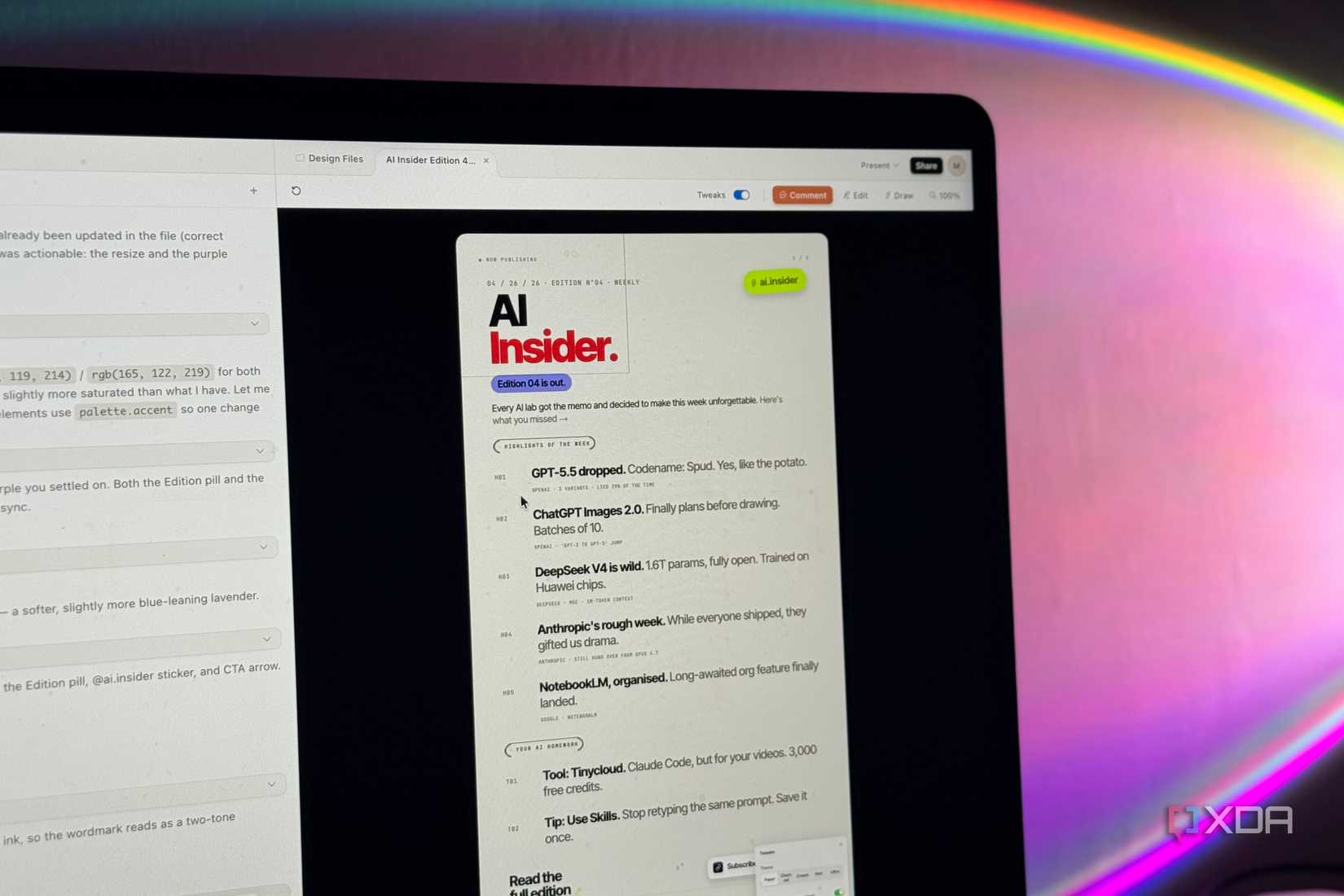 laptop screen showing ai insider newsletter with rainbow light effect in background
