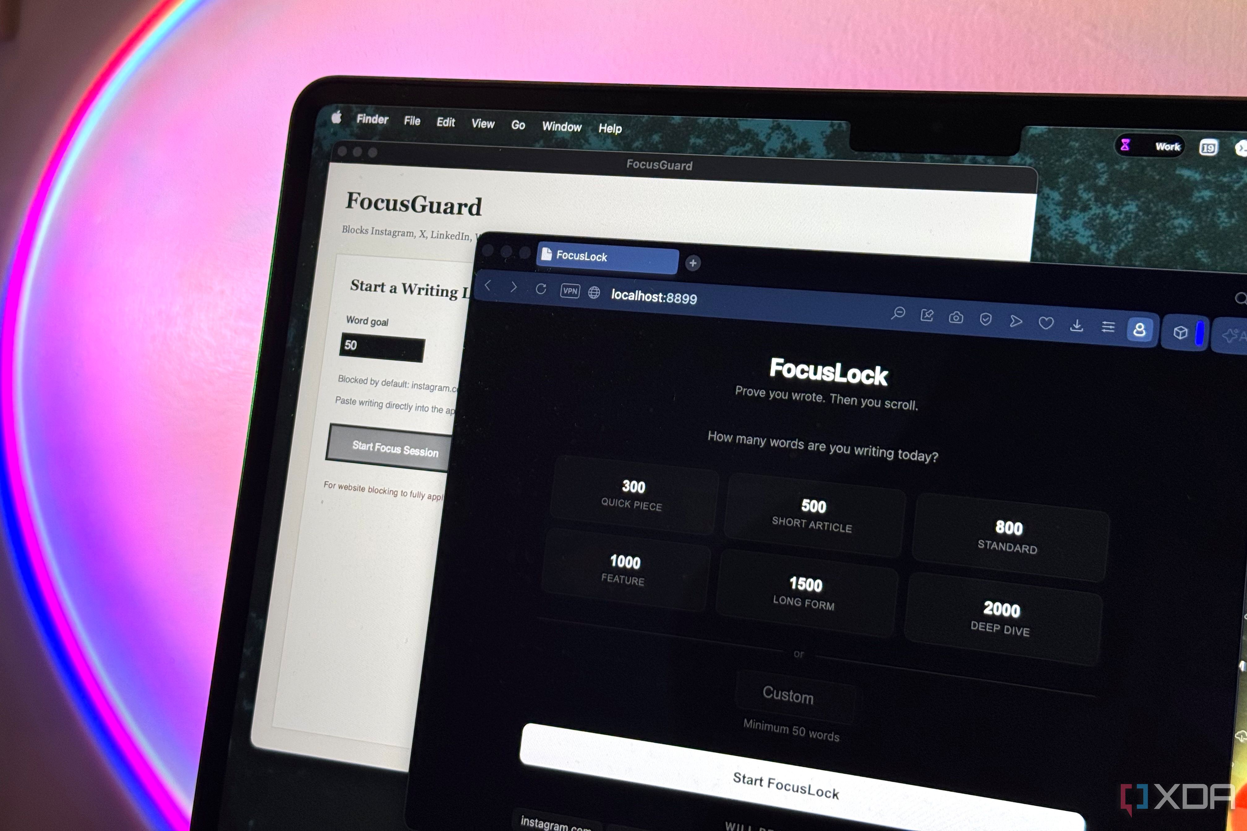laptop screen displaying focusguard and focuslock writing productivity applications with pink and blue neon lighting in background