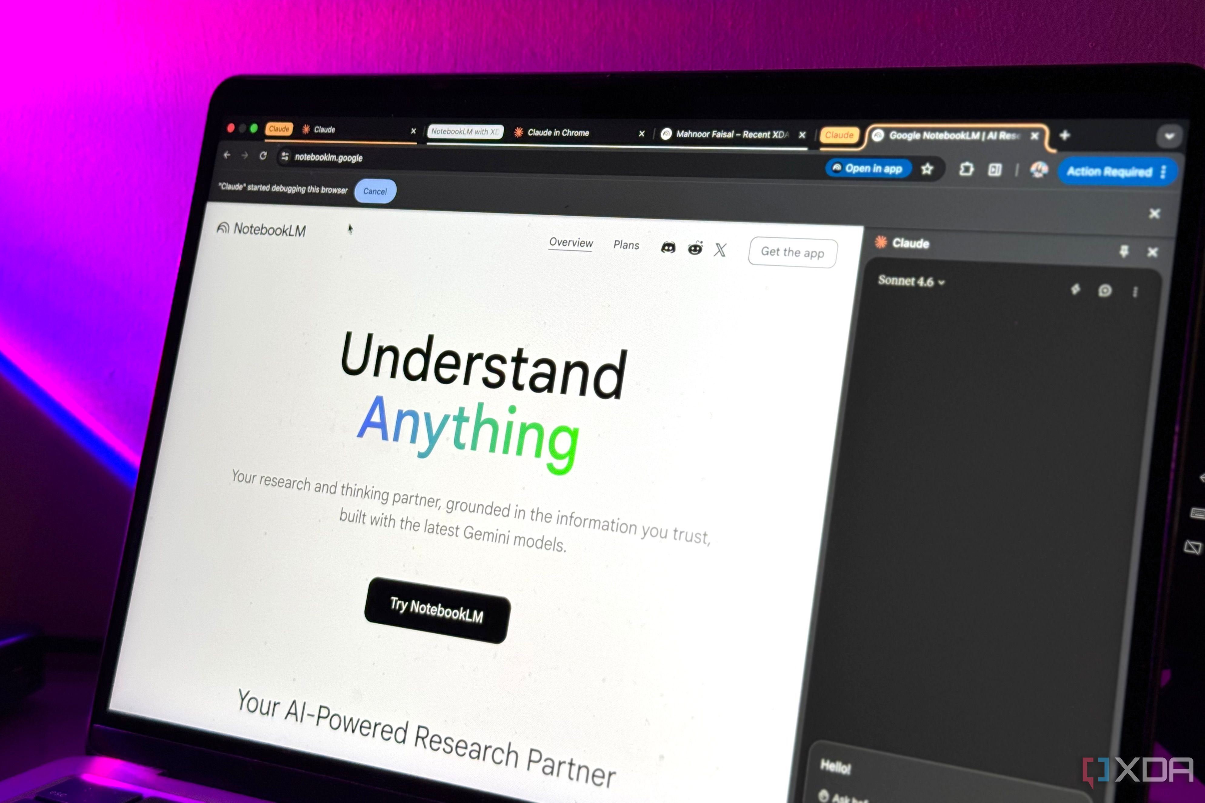 laptop screen displaying notebooklm website with understand anything headline and try notebooklm button with claude ai chat interface visible on right side