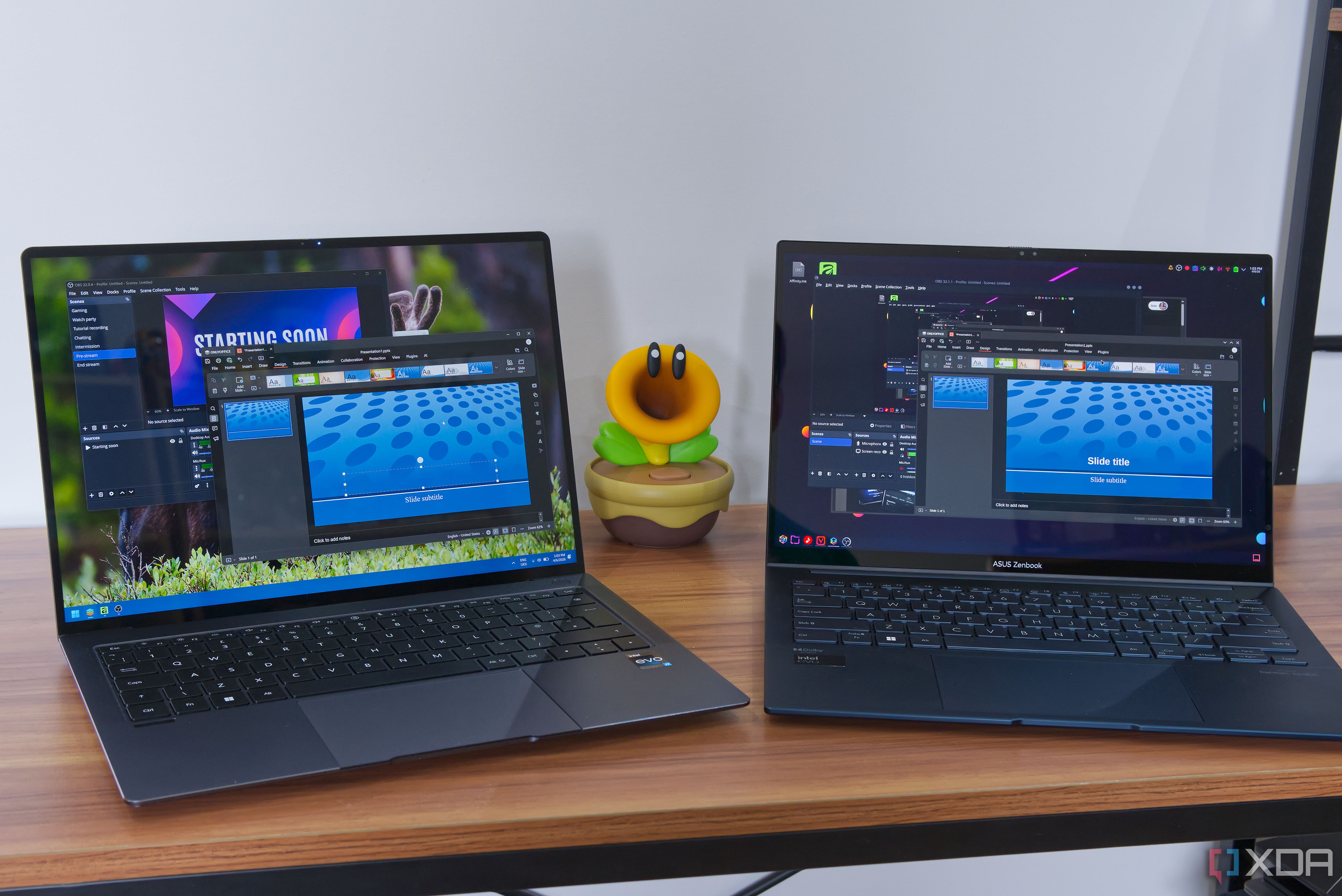A Linux laptop and a Windows 11 lapyop side by side, both running OnlyOffice and OBS Studio