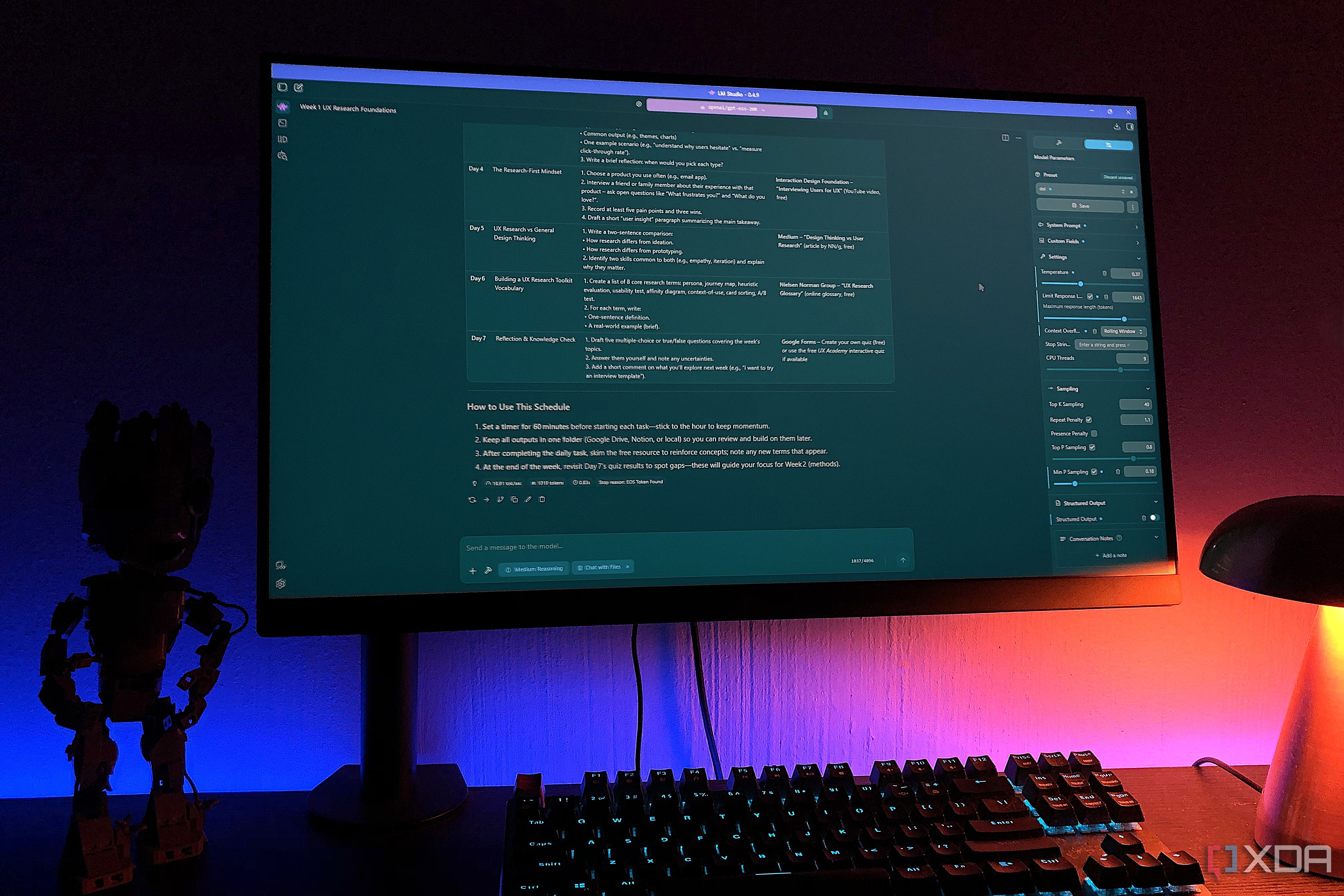 lm studio on desktop pc, lego and lamp in view