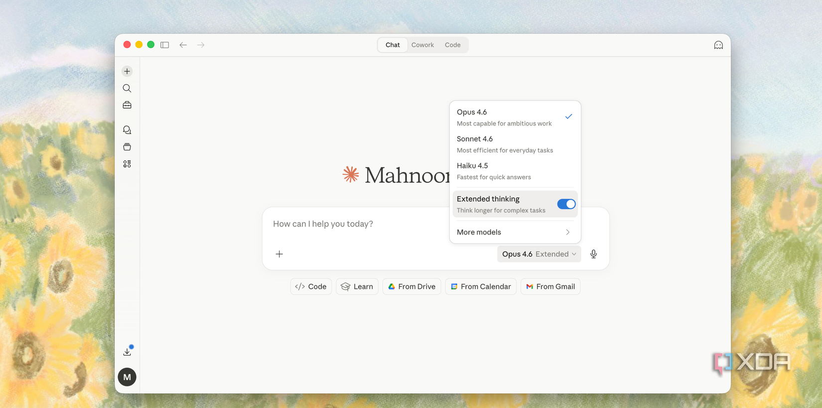 mahnoor ai chatbot interface with model selection dropdown menu open on mac