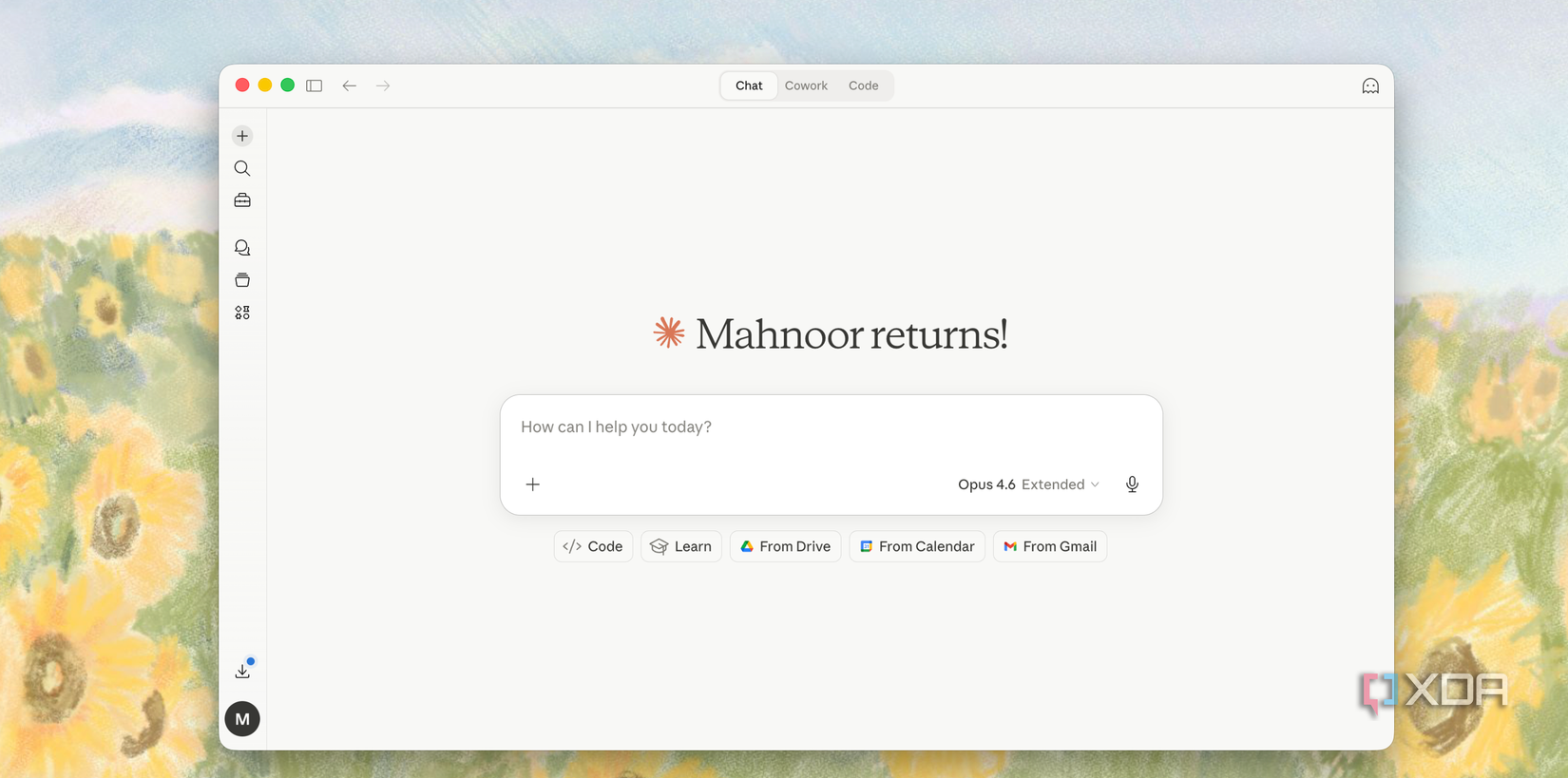 mahnoor returns chat interface with sunflower background on mac window