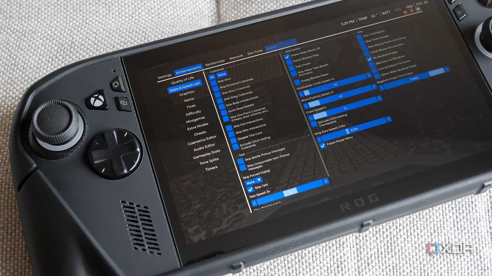 Ship of Harkinian's settings menu on an ROG Xbox Ally X 