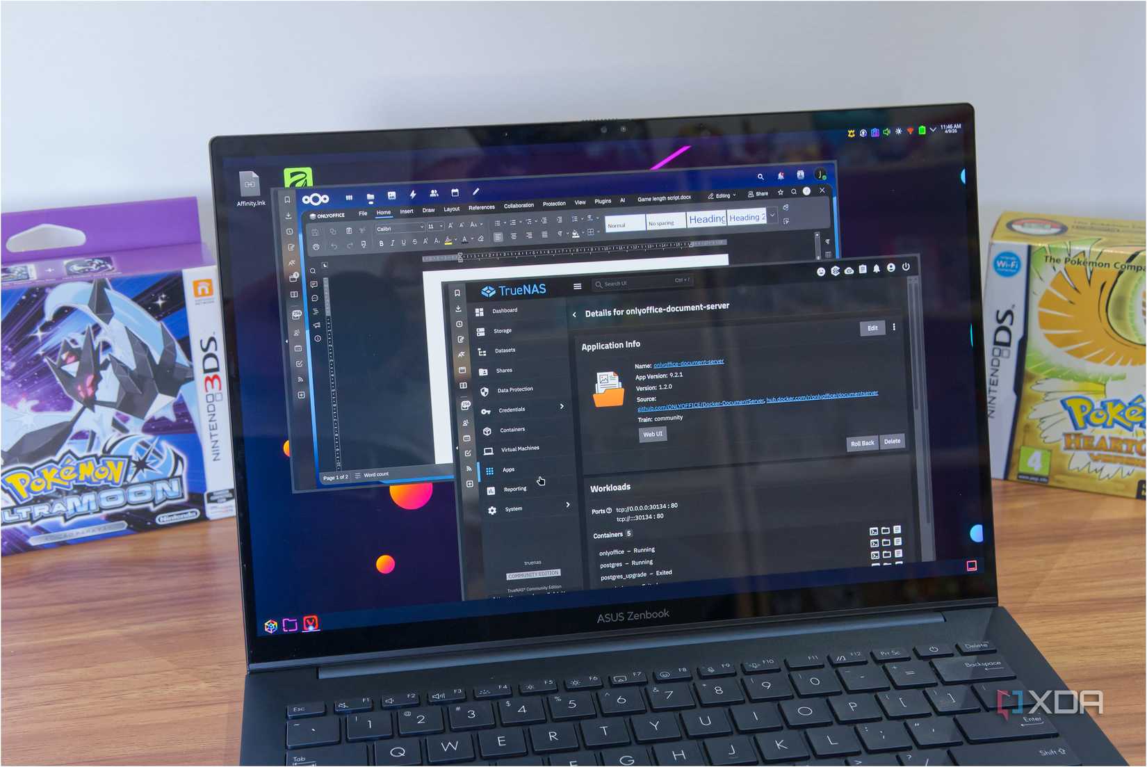 A laptop showing a listing for the OnlyOffice Document server in TrueNAS next to a window with Nextcloud using OnlyOffice to edit a document