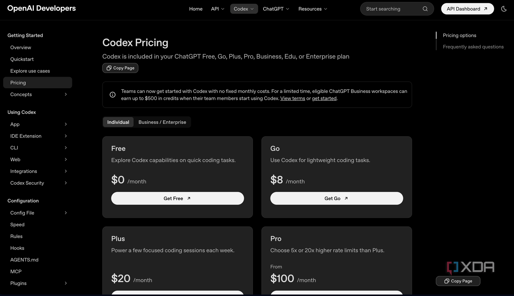 Openai codex pricing page showing free go plus and pro tier options