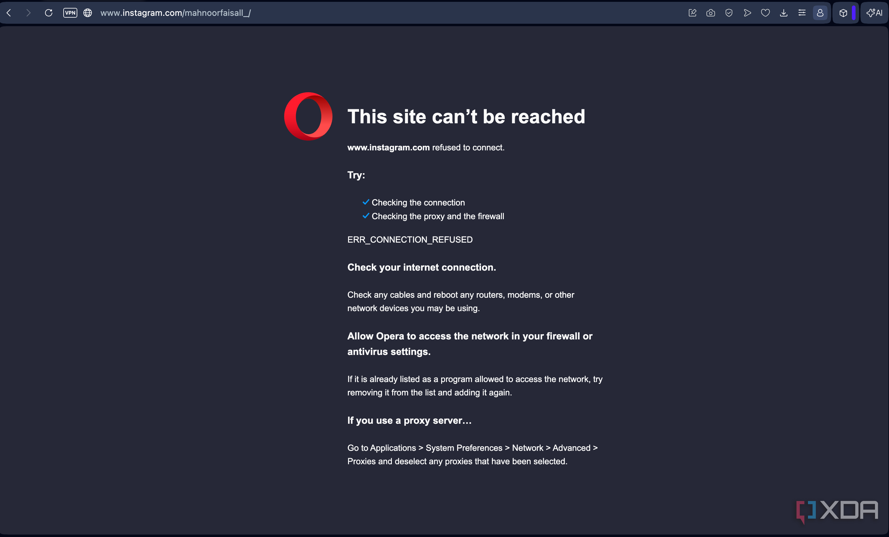 opera browser error page showing site cannot be reached for instagram with troubleshooting suggestions