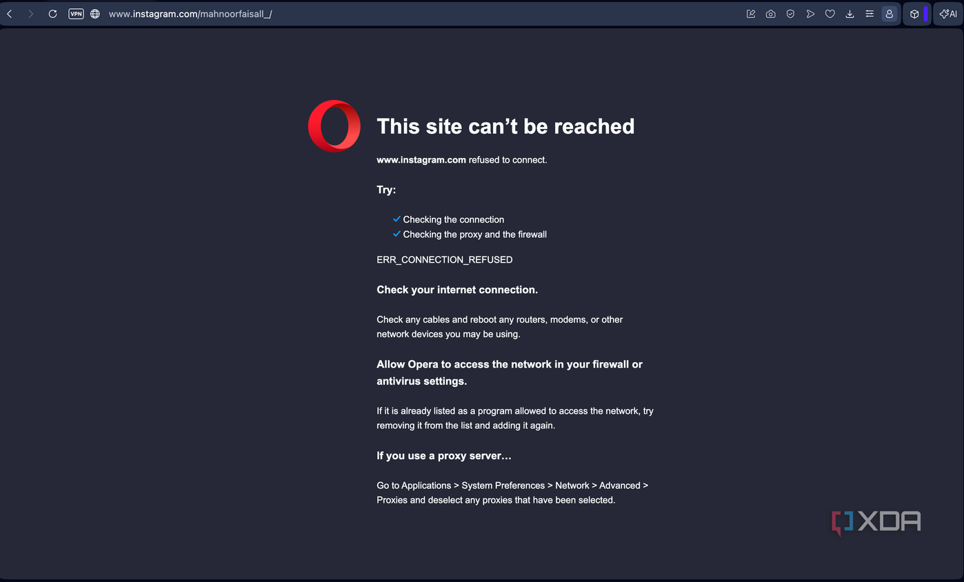 opera browser error page showing site cannot be reached for instagram with troubleshooting suggestions