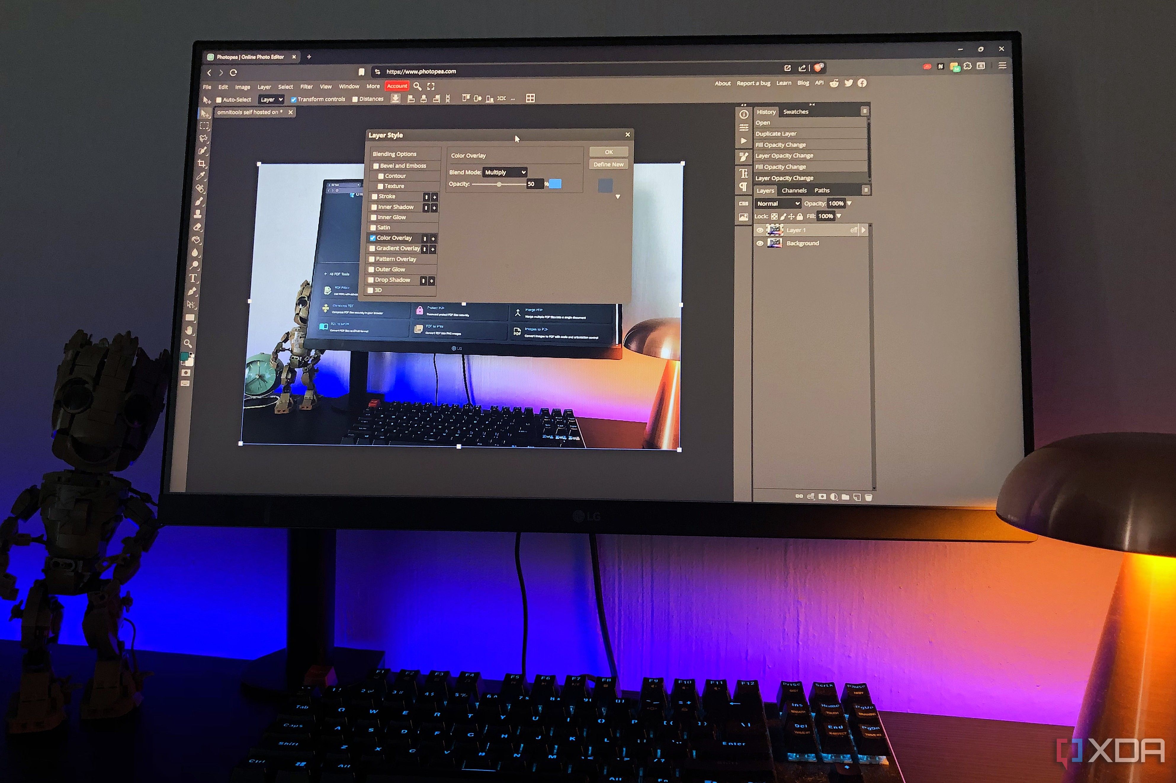 photopea on desktop pc. lamp and lego in view