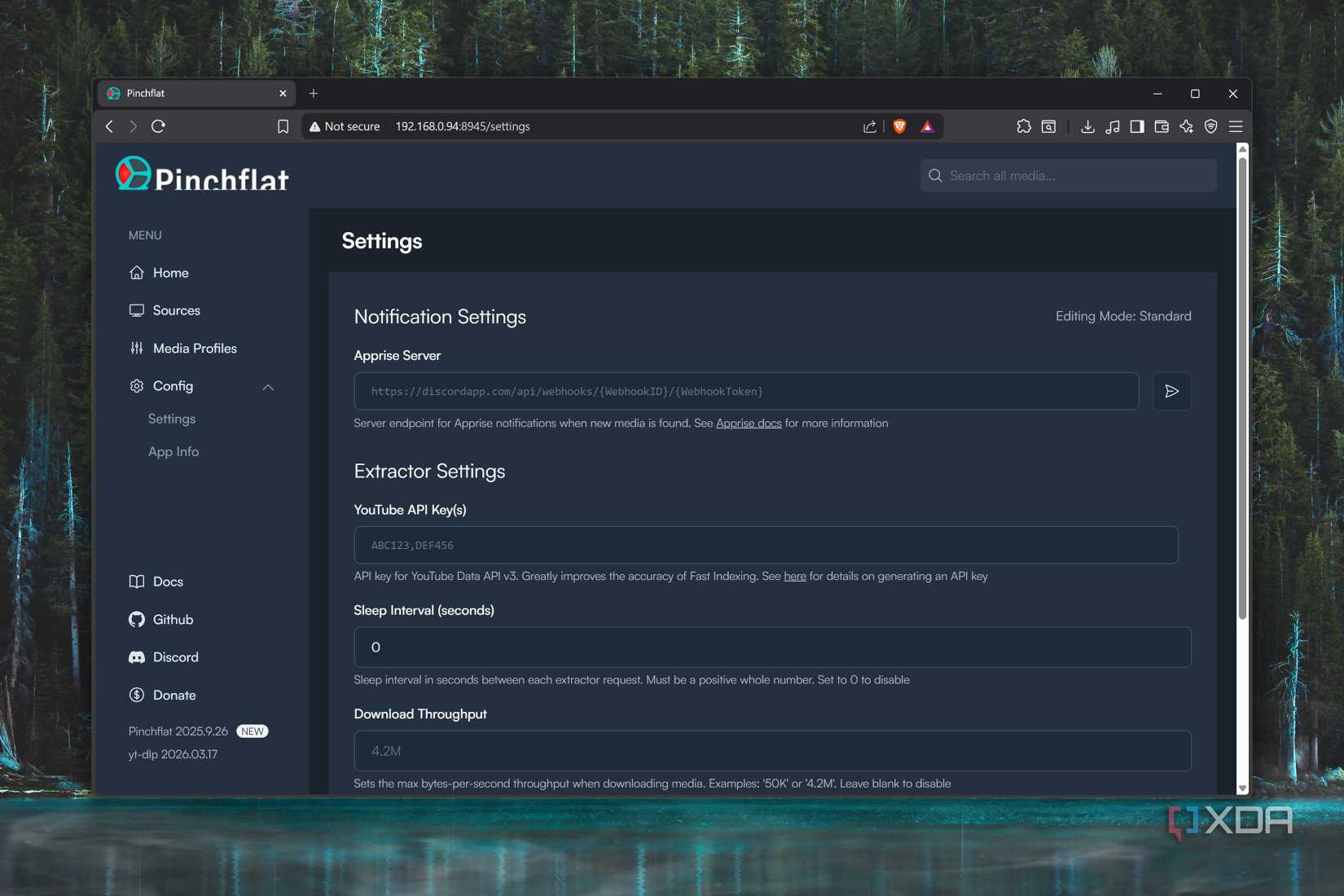 Modifying the general settings on Pinchflat