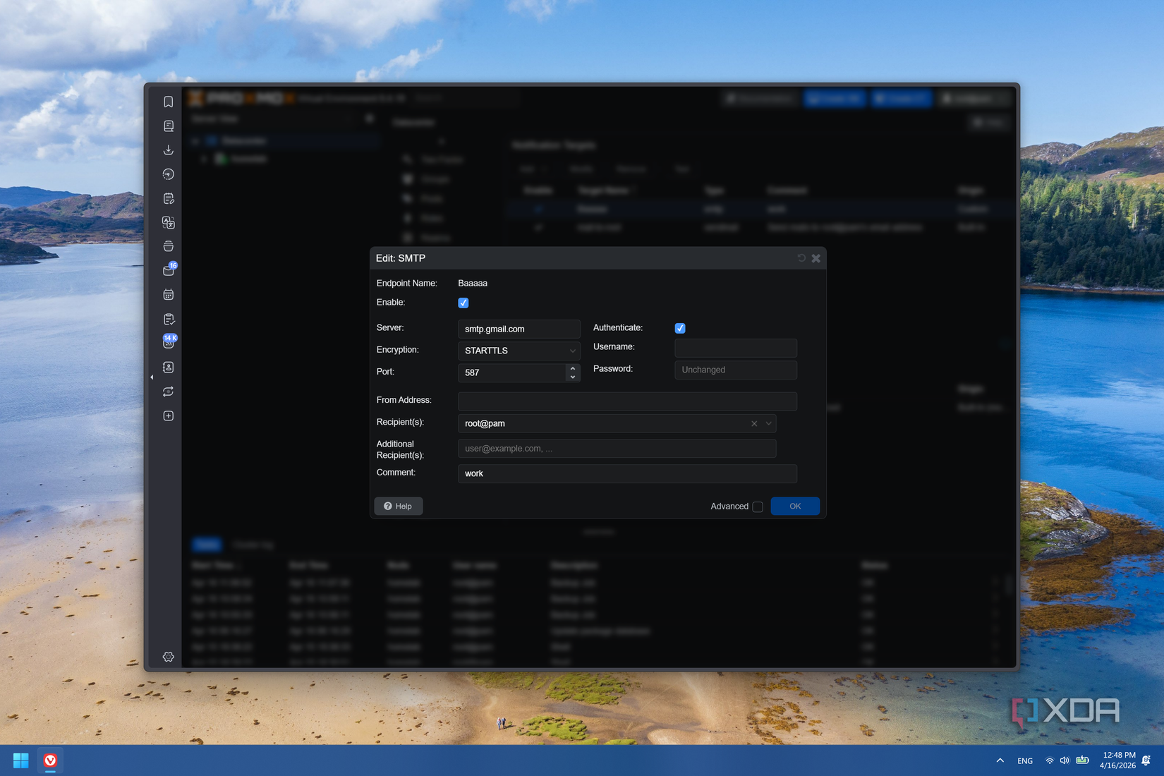 Screenshot of Proxmox showing the menu for configuring notification targets