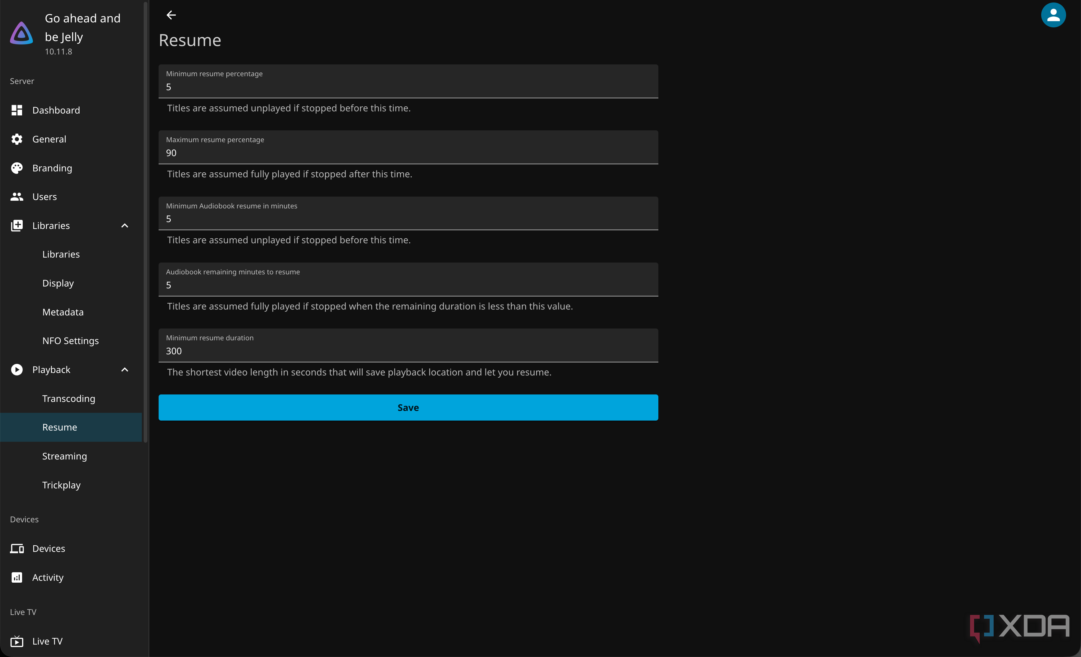 Resume playback settings in Jellyfin