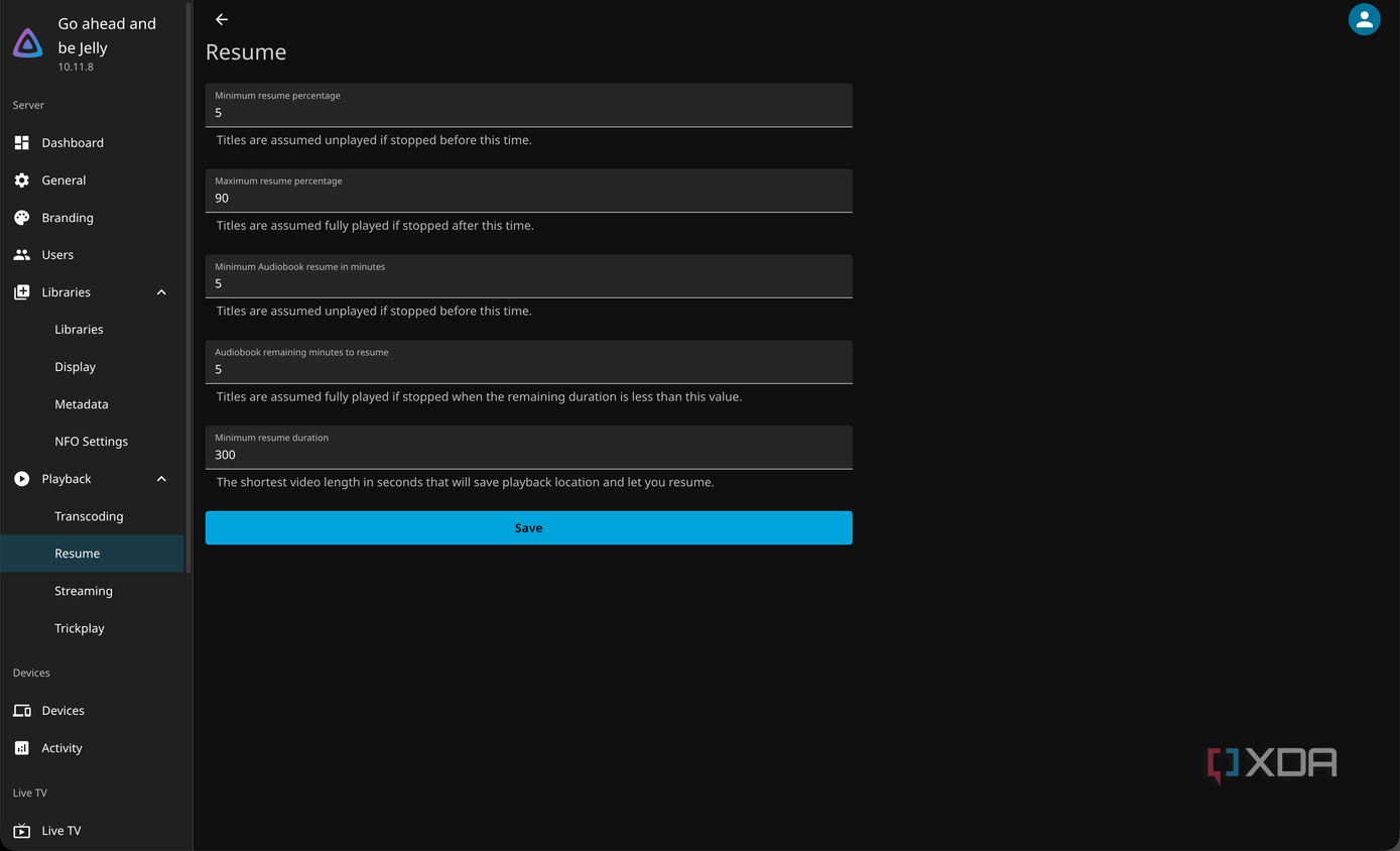 Resume playback settings in Jellyfin