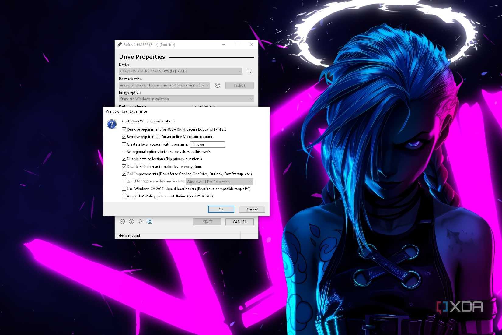 Screenshot of Rufus 4.14 Beta showing Windows 11 ISO configuration options