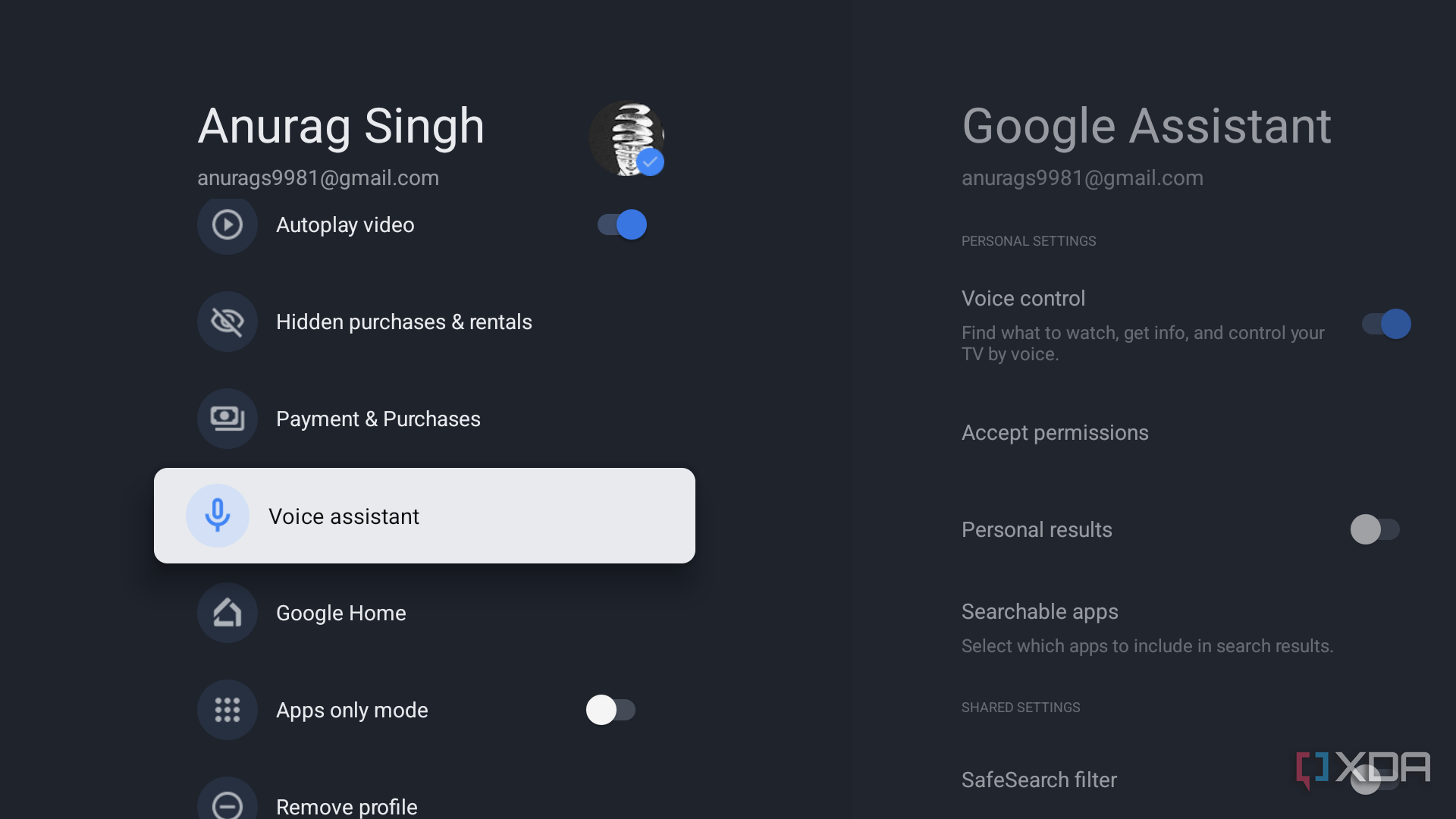 Google TV profile voice assistant