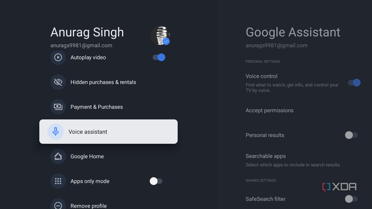 Google TV profile voice assistant
