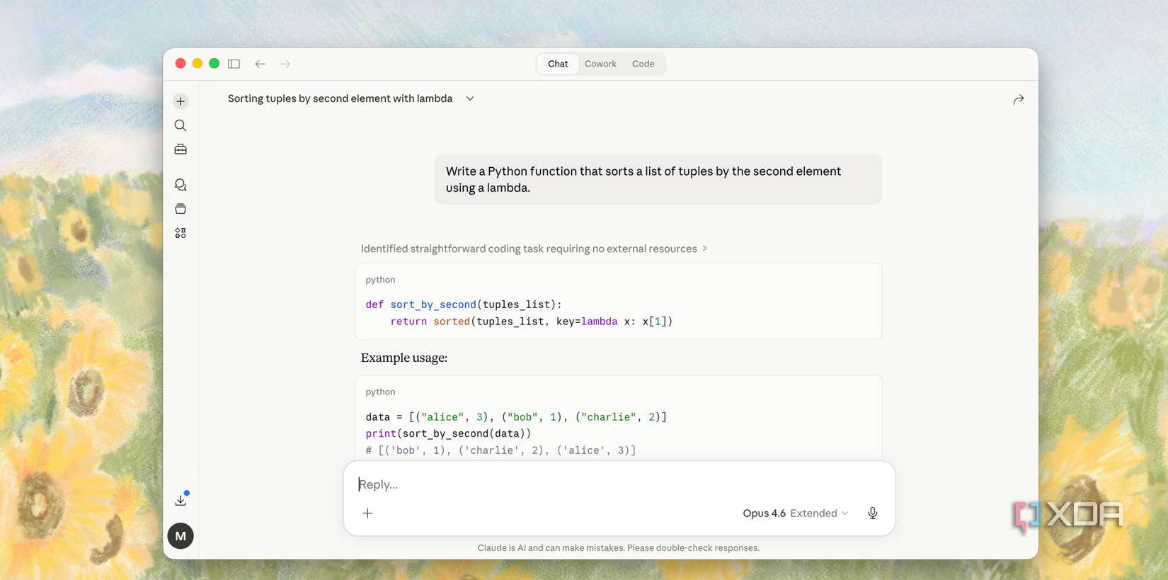 screenshot of chat interface showing python function code for sorting tuples by second element using lambda on mac browser window