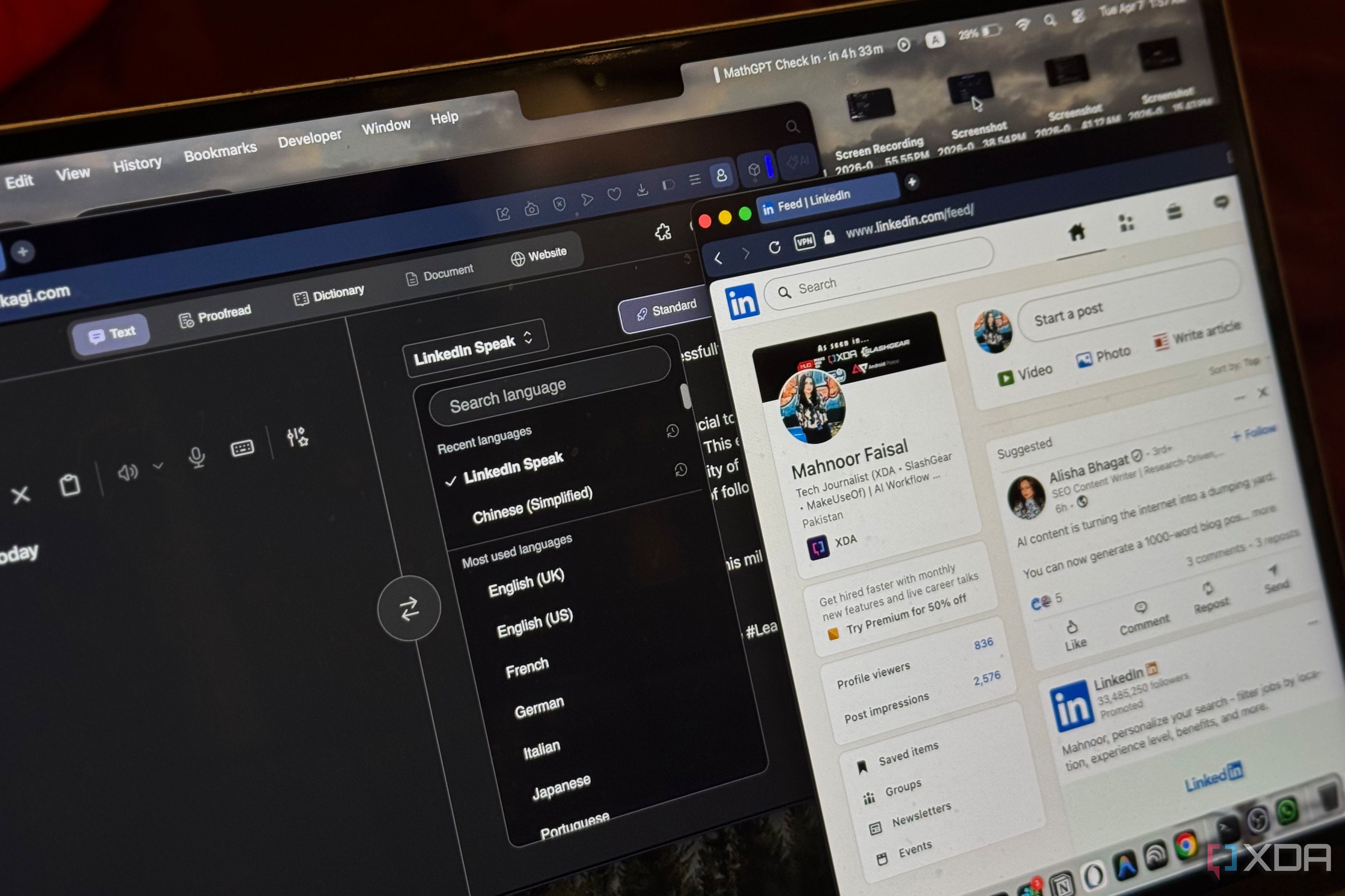 screenshot of linkedin profile page with language selection menu open showing multiple language options including linkedin speak chinese simplified english uk and french