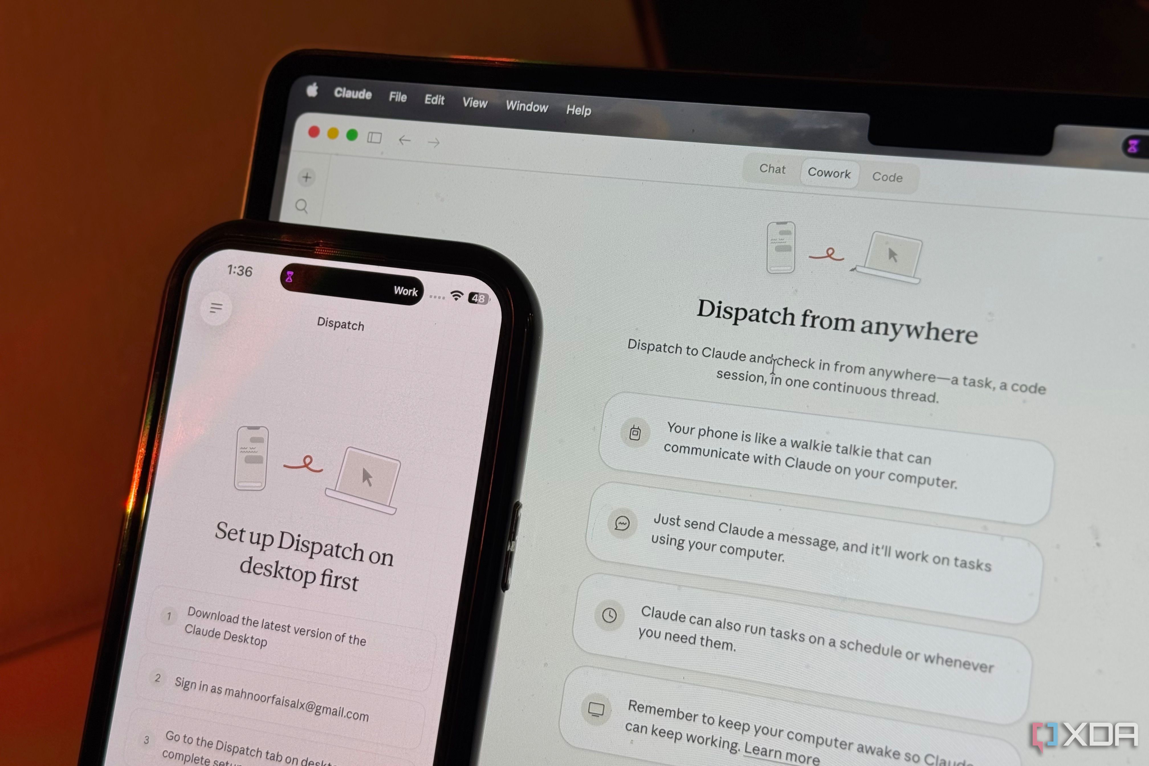 smartphone and computer displaying claude dispatch setup instructions side by side
