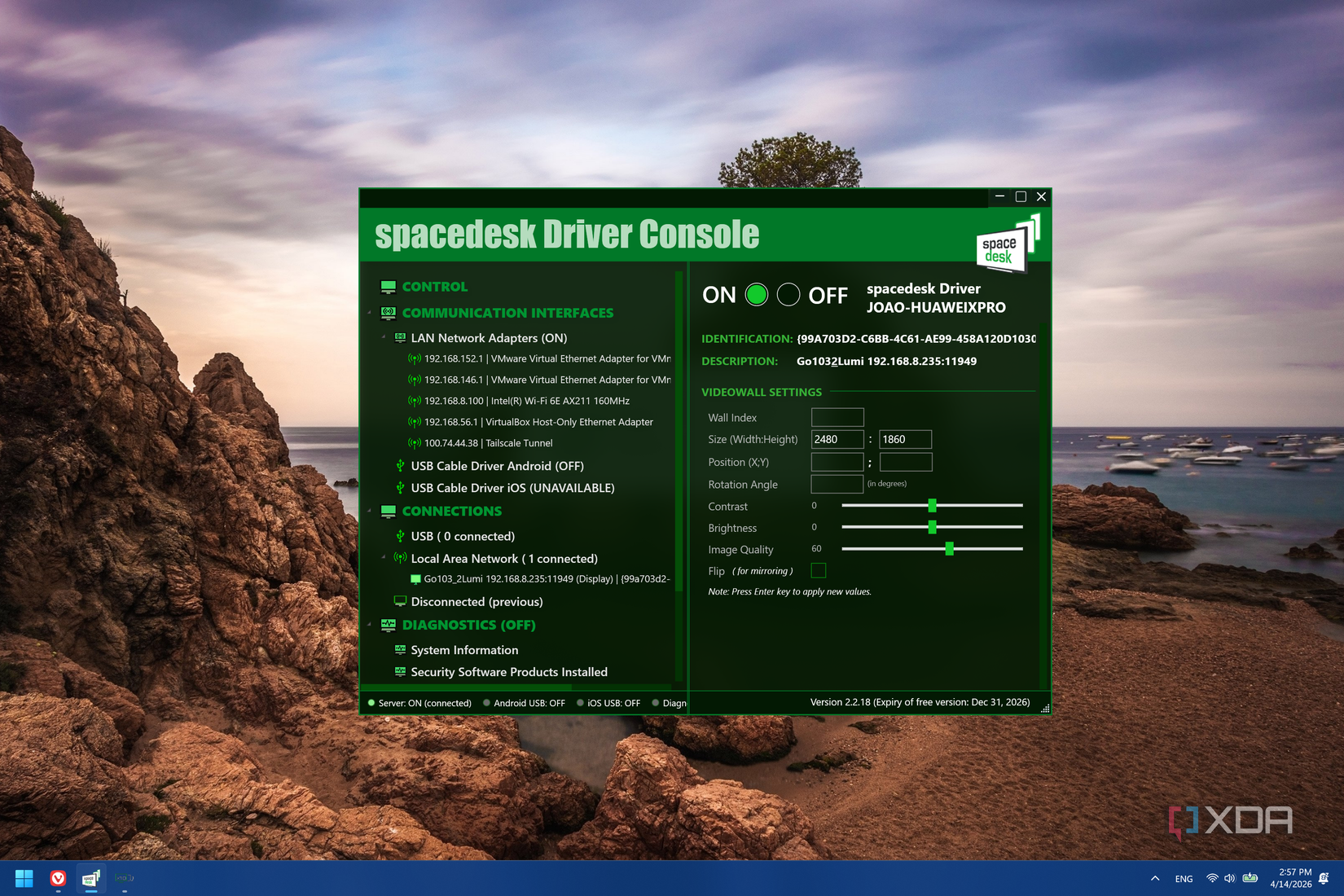 A screenshot of the Windows 11 desktop showing the spaceDesk driver console with information about the current connection