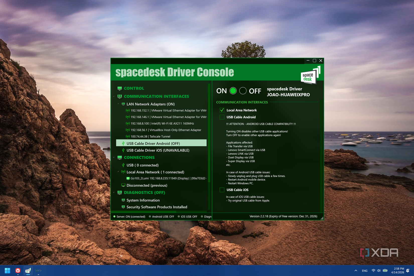 A screenshot of a Windows 11 desktop showing the spaceDesk Driver Console with options related to USB connectivity