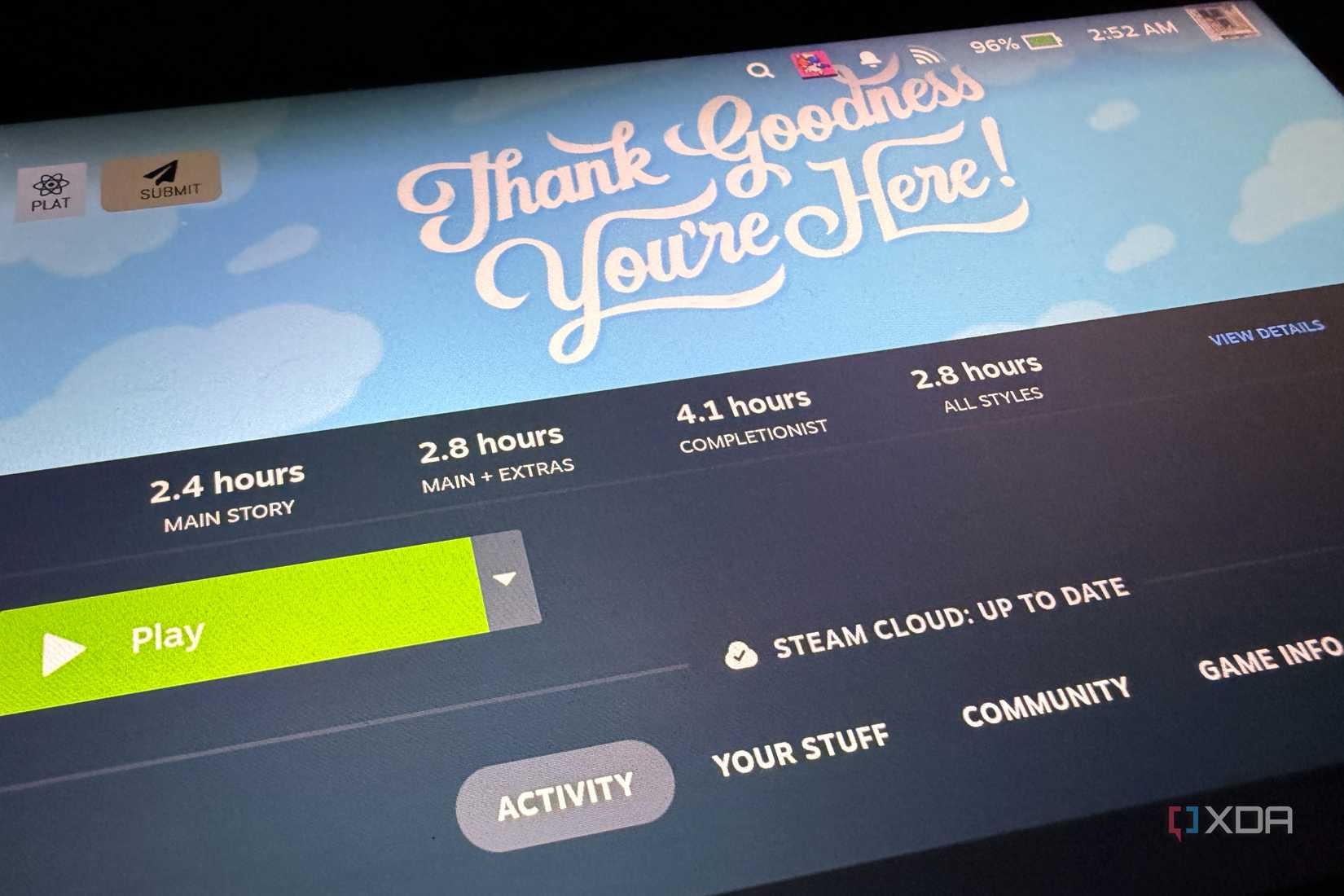 entrance to the steam deck library for "thank God you are here" showing protondb and how long to beat decky loader plugins
